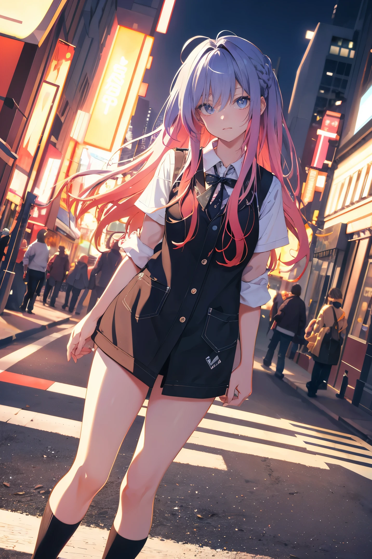 NY, (gradient hair, dutch angle:1.3), film grain, chromatic aberration, city, masterpiece, best quality, raw photo, photorealistic, absurdres, 1girl, cute, perspective, cowboy shot, highres, ultra detailed, detailed eyes and face, sharp pupils, realistic pupils, sharp focus, summer, night, detailed full figure, beautiful socks, Socks above the knees, chance meeting, runaway from home
