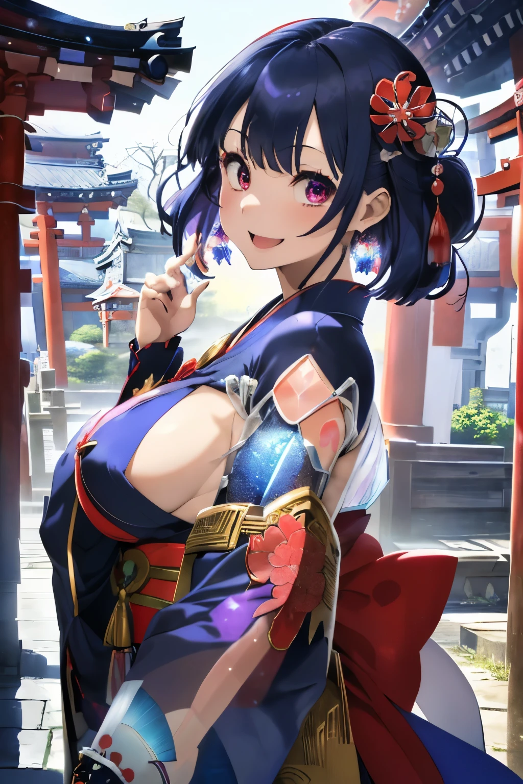 (bluish navy hair:1.2),(short-cut:1.2),(Light red eyes:1.25),(With bangs),(First visit to a shrine:1.25),(colourfull:1.2),(Staring at me),(Japanese pattern clothing:1.4),(accessories like flowers and crystals:1.3),(Lower breast:1.5),(Transparent double sleeve long sleeves:1.5),(chest protruding from clothes,:1.4),(huge smile:1.3),(Smile with open mouth:1.35),(kawaii pose:1.35),Slight red tide,(Kamimei),(Close-up of face 1.7),(black and red and blue and purple:1.25),(front view:1.6),
