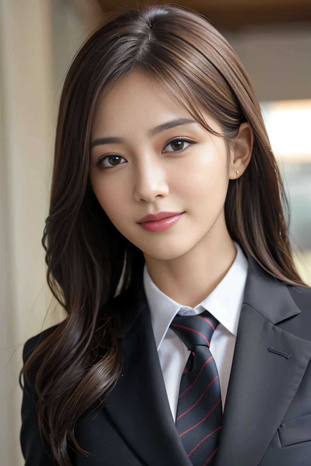 masutepiece, Best Quality, Photorealistic, Ultra-detailed, finely detail, High resolution, 8K Wallpaper, 1 beautiful woman,, light brown messy hair, in a business suit, foco nítido, Perfect dynamic composition, Beautiful detailed eyes, detailed hairs, Detailed realistic skin texture, Smiling, Close-up portrait, Model body type