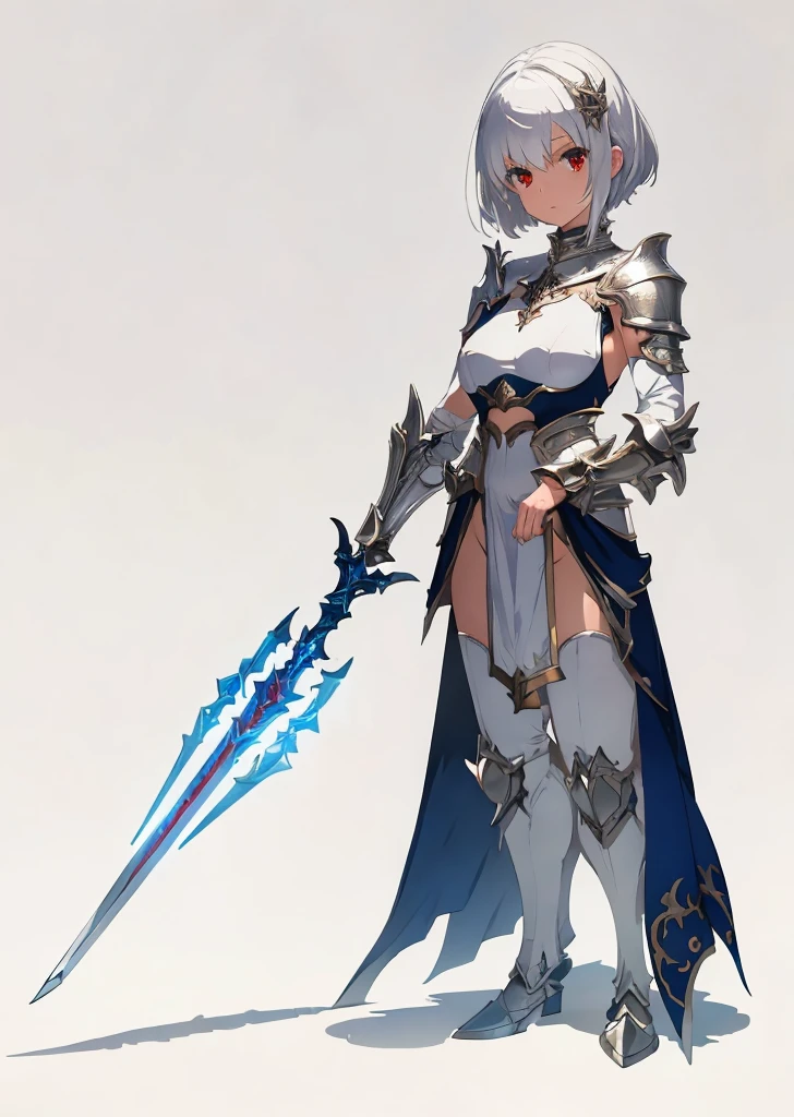 Silver Knights、Wearing white armor、With a large spear、Short hairstyle、Devil background、gazing at viewer、Wearing silvery-white armor、Best image、masutepiece、Beautiful woman、Gorgeous hairstyle、Holding a large spear、Wearing a red aura、