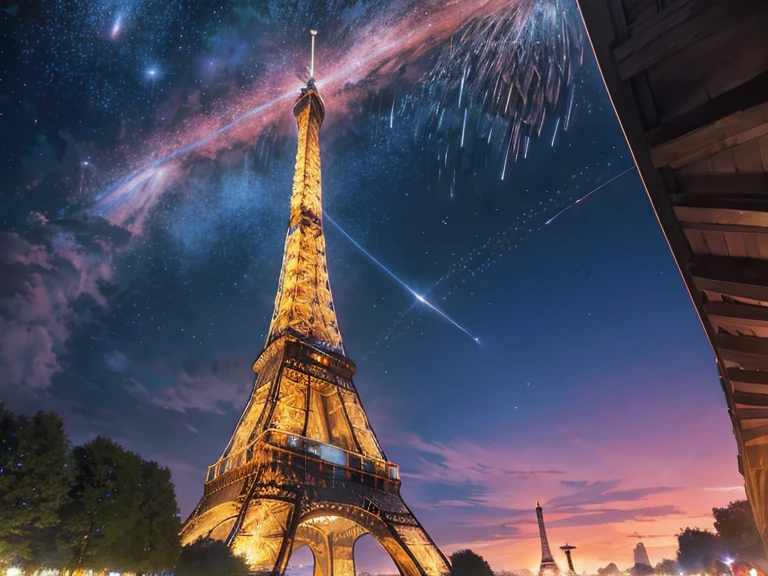 France　Paris　Star trails are visible in the sky　Giant comet　shining eiffel tower　green grass、blanche、The color of the sky with a beautiful red gradation　daytime　Winters　very beautiful scenery　8K　Top image quality　​masterpiece