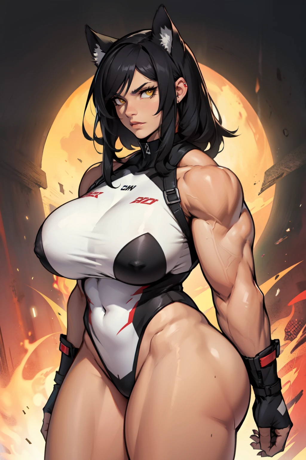 muscular thick thighs huge breasts black hair yellow eyes