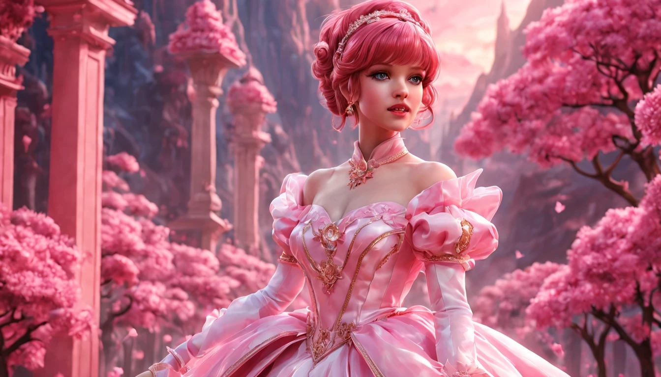There is a beautiful girl "Molly Ringwald", em um vestido de baile, anime barbie em branco, pink space, Princesa Anime, paisagem da princesa, princesa de cabelos loiros, sorriso gentil, Kushatt Krenz Key Art Mulheres, 3d stylized rendering, 3D rendering of 8k character art, arte digital detalhada bonito, Anime estilo 3D,master part, super detalhado, Epic composition, extremely high quality,Epic digital art of romantic fantasy,Epic fairytale fantasy digital art,Mythological fantasy,