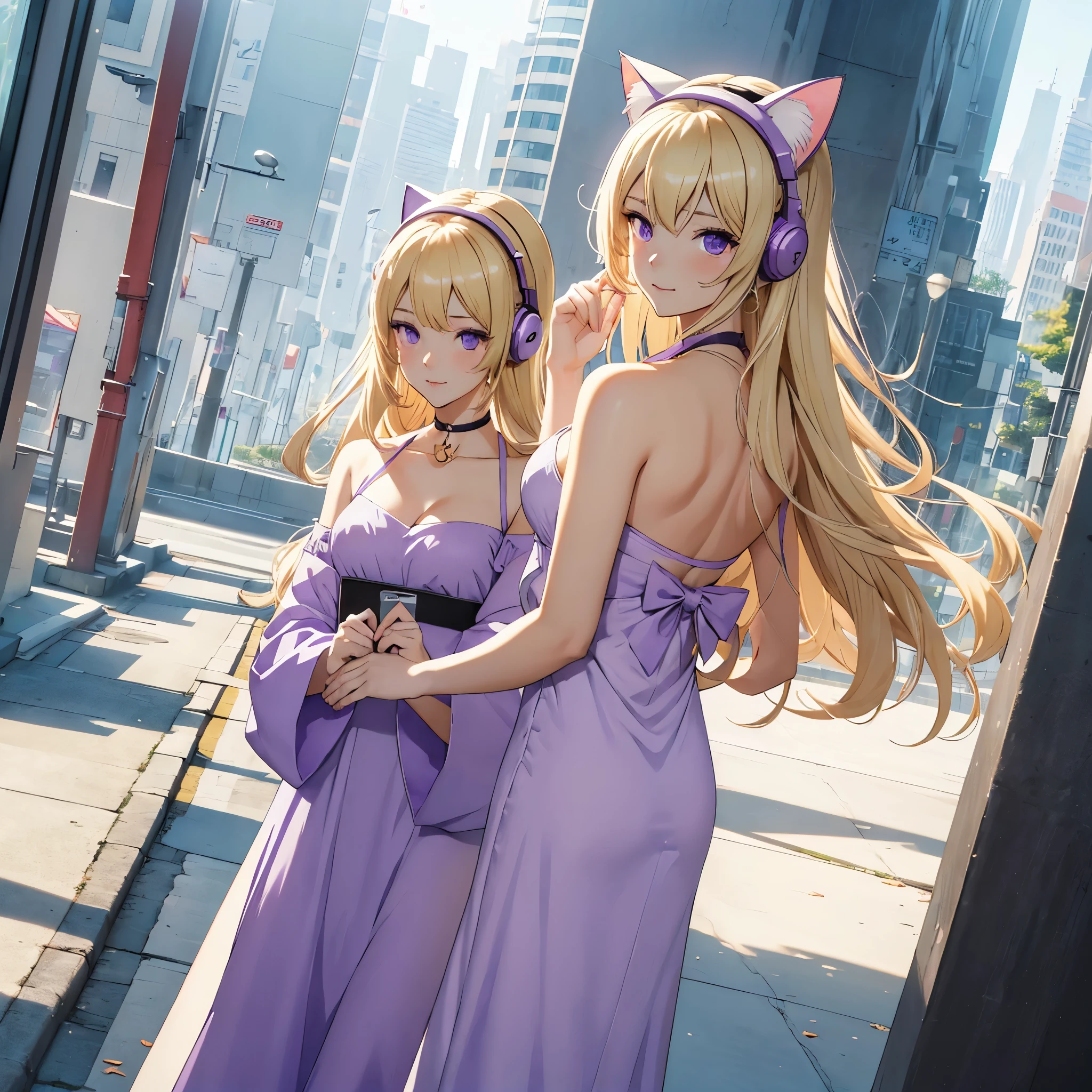 (((cat girl))), (((White Headphone))), (((Blonde))), (((Korean))), (((Tall))), (((Slender))), (((purple dress))), cleavage, (((Beautiful face))), winter, (((panoramic view))), (((anime))), (((pastel))), (((hide hands))) (((Hide Fingers)))