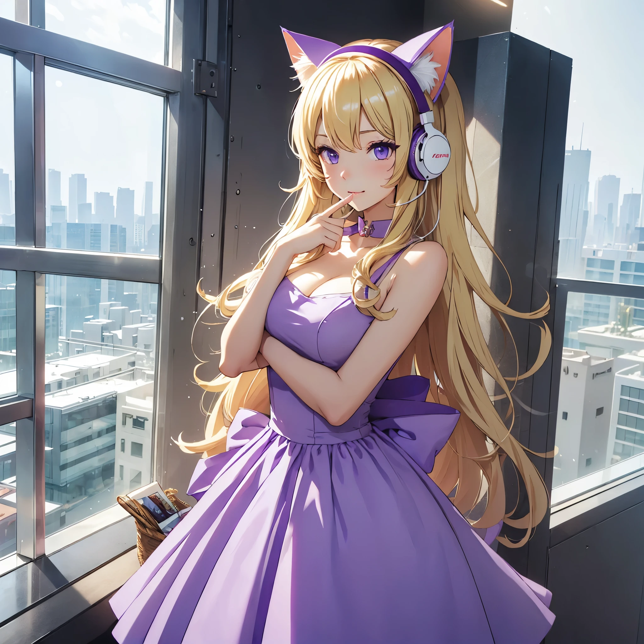 (((cat girl))), (((White Headphone))), (((Blonde))), (((Korean))), (((Tall))), (((Slender))), (((purple dress))), cleavage, (((Beautiful face))), winter, (((panoramic view))), (((anime))), (((pastel))), (((hide hands))) (((Hide Fingers)))