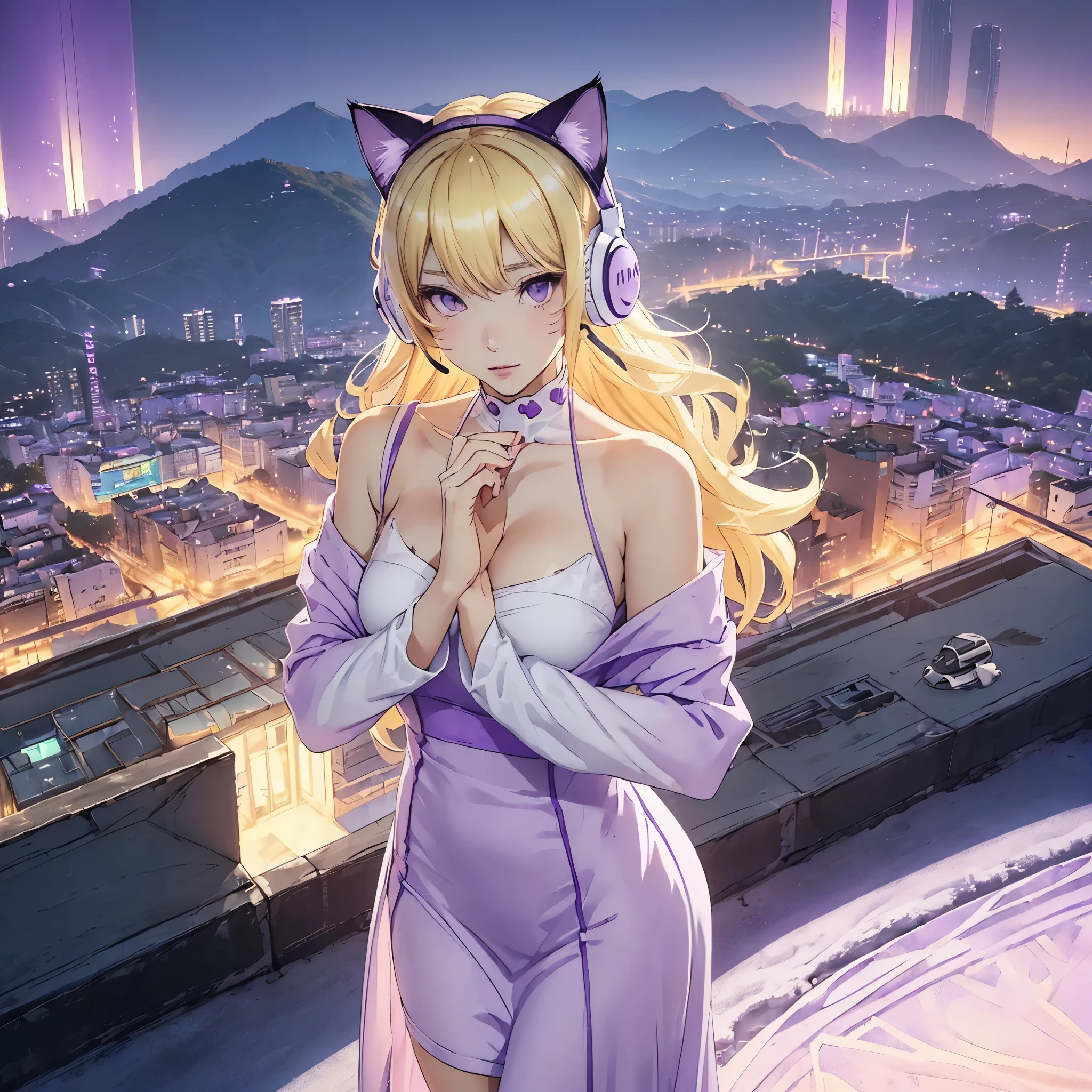 (((cat girl))), (((White Headphone))), (((Blonde))), (((Korean))), (((Tall))), (((Slender))), (((purple dress))), cleavage, (((Beautiful face))), winter, (((panoramic view))), (((anime))), (((pastel))), (((hide hands))) (((Hide Fingers)))