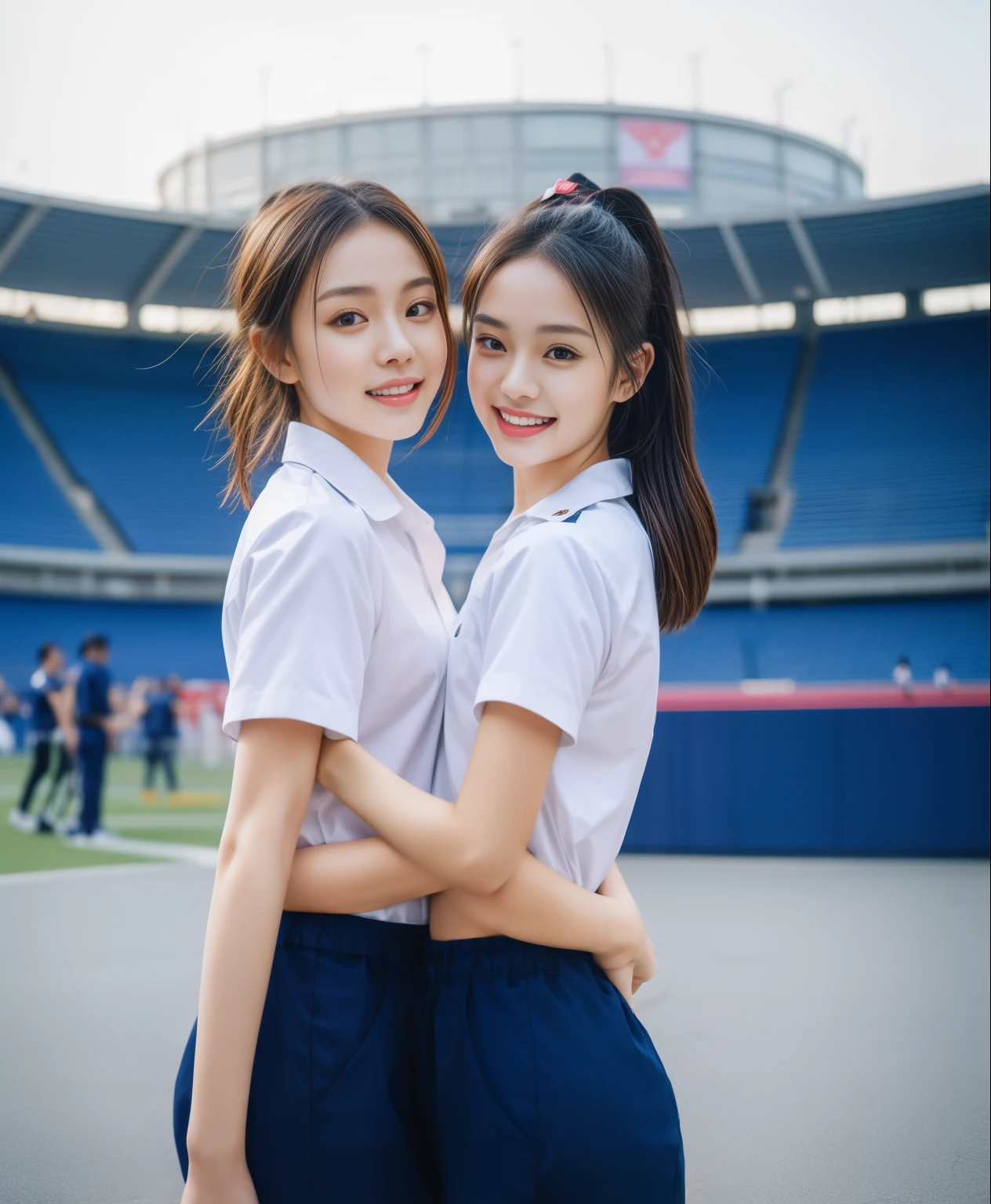 (best quality,10,10,height,Masterpiece:1.2),Special details,(realistic,ภาพrealistic,Realistic photos:1.37),1 cute girl on the football field,shiny, ผิวshiny,only,smile softly,BDclothelue shirt:1.3)),short sleeve,shirt, กางเกงขาlong.,(navy_long_track pants:1.1), ((stadium background:1.3)),Dynamic angle,excited,Face focus,dynamic poses,from behind,focus on ass,Masterpiece, best quality, ultra realistic, hyper-detail, 8K resolution, raw photos, Sharp focus, ((Navy blue shirt:1.1)), short sleeve, เส้นทางlong, perfect body, 2 mature women, 18 years old, Cinema-grade lighting system,blue sweatpants,shirtผ้าออกกำลังกาย,correct anatomy,perfect body, correct body, Sharp face, correct bodyทางกายวิภาค, full body, realistic gestures, long-haired, realistic poses,Wear long shorts................................,ช่วงขาlong,Good shape,carved girl, Slender figure, model, Good shape, beautiful body,blue sweatpants, two girls kissing