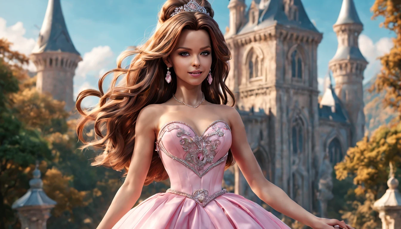 There is a beautiful girl "Kate Beckinsale", em um vestido de baile, anime barbie em branco, pink space, Princesa Anime, paisagem da princesa, princesa de cabelos loiros, sorriso gentil, Kushatt Krenz Key Art Mulheres, 3d stylized rendering, 3D rendering of 8k character art, arte digital detalhada bonito, Anime estilo 3D,master part, super detalhado, Epic composition, extremely high quality,Epic digital art of romantic fantasy,Epic fairytale fantasy digital art,Mythological fantasy,