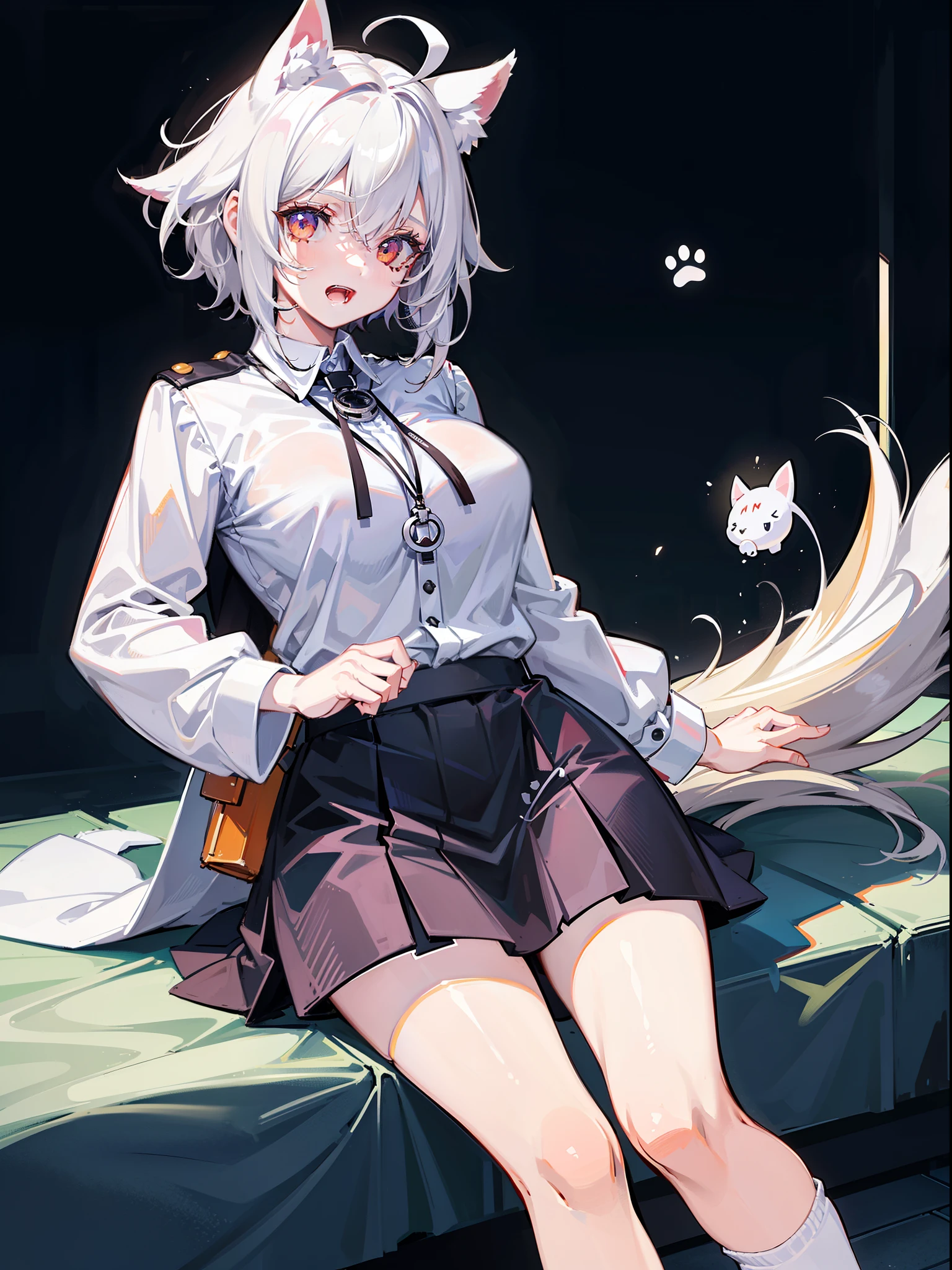 Accurate, Be red in the face, He wears dog tags around his neck, ((White color blouse)), (huge white sleeveless skirt)), (White knee-high sockrow leather shoes) , sit on a bed, (White hair), ahoge, hair between eye, Short hair details, yellow-eyed, (((dog ears))), light  smile, ((Show fangs)), high detal, Anime Big breasts, style of anime, Realiy, lightand shade contrast, motionblur, Ray traching, vignetting, Standing painting, first person perspective, Standing painting, first person perspective, hyper HD, retinas, tmasterpiece, Anatomically correct, ctextured skin, super detailing, high detals, high qulity, Award-Awarded, Best quality at best, A high resolution, 16k，Huge dog tail，Handsome