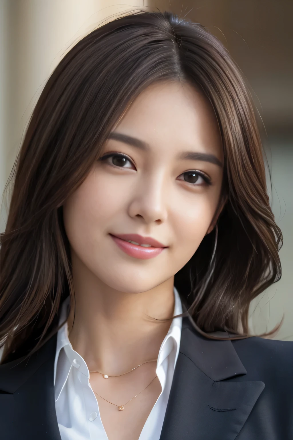 masutepiece, Best Quality, Photorealistic, Ultra-detailed, finely detail, High resolution, 8K Wallpaper, 1 beautiful woman,, light brown messy hair, in a business suit, foco nítido, Perfect dynamic composition, Beautiful detailed eyes, detailed hairs, Detailed realistic skin texture, Smiling, Close-up portrait, Model body type