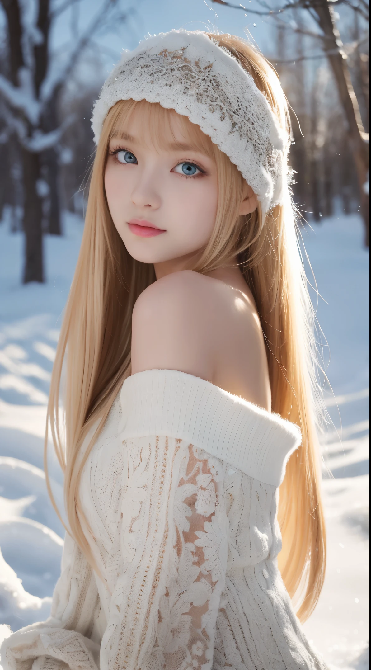 tmasterpiece,looking at camera, Highest Quality, masutepiece, Depth of subject, slightly blurred background,huge smile, Masterpiece, Best Quality, Russian girl 12 years old, teenaged, Hands in handcuffs (handcuffs), blonde woman , Curly, Medium-length hair without styling, Snow on wet hair , Short dress with long sleeves, Bracelet on the left wrist, necklace around the neck, Black openwork stockings, high-heeled shoes, His skin was covered in goosebumps, Kneeling in deep snow in the middle of a winter forest, looks into the distance, Snowy Wild Forest, It's cold, snowing, beatiful face, Freezes, Lips turn blue, Thin body, shapely legs, steam from the mouth, tears in eyes, Apply mascara around the eyes ,stunned, frightened look ,Deep Snow, Snowflakes fall, The body turns red ,Cold, teardrops, hysterics, dread, Pleas for mercy, shaggy hair,