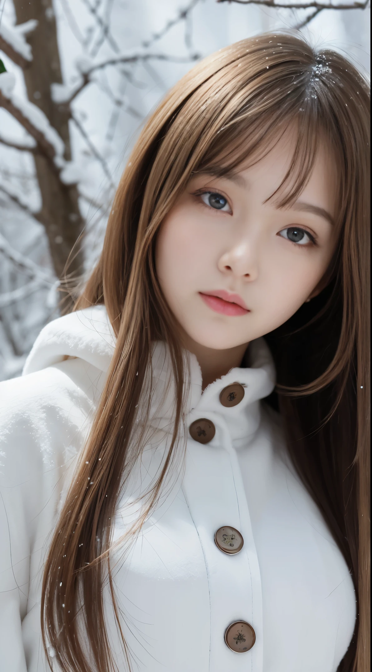 [a white lighting translucent phantom made of snow], dark muted tones, The white, A world covered in snow, branches covered with snow, cold winter touch, Unparalleled beauty, Lustrous firm and shiny skin, Bangs between the eyes, Glossy straight beautiful pale blonde, Perfect body, Super Long Straight Silky blonde Hair, eye line, Sexy beautiful innocent 18 years old, High definition big beautiful bright pale brown eyes, Beautiful and nice girl, Baby face, cute winter dress, emerald color accessaries, detailed decoration, Glossy face, Small face beauty, cowboy body shot,