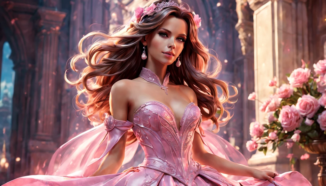 There is a beautiful girl "Kate Beckinsale", em um vestido de baile, anime barbie em branco, pink space, Princesa Anime, paisagem da princesa, princesa de cabelos loiros, sorriso gentil, Kushatt Krenz Key Art Mulheres, 3d stylized rendering, 3D rendering of 8k character art, arte digital detalhada bonito, Anime estilo 3D，master part, super detalhado, Epic composition, extremely high quality，Epic digital art of romantic fantasy，Epic fairytale fantasy digital art，Mythological fantasy，