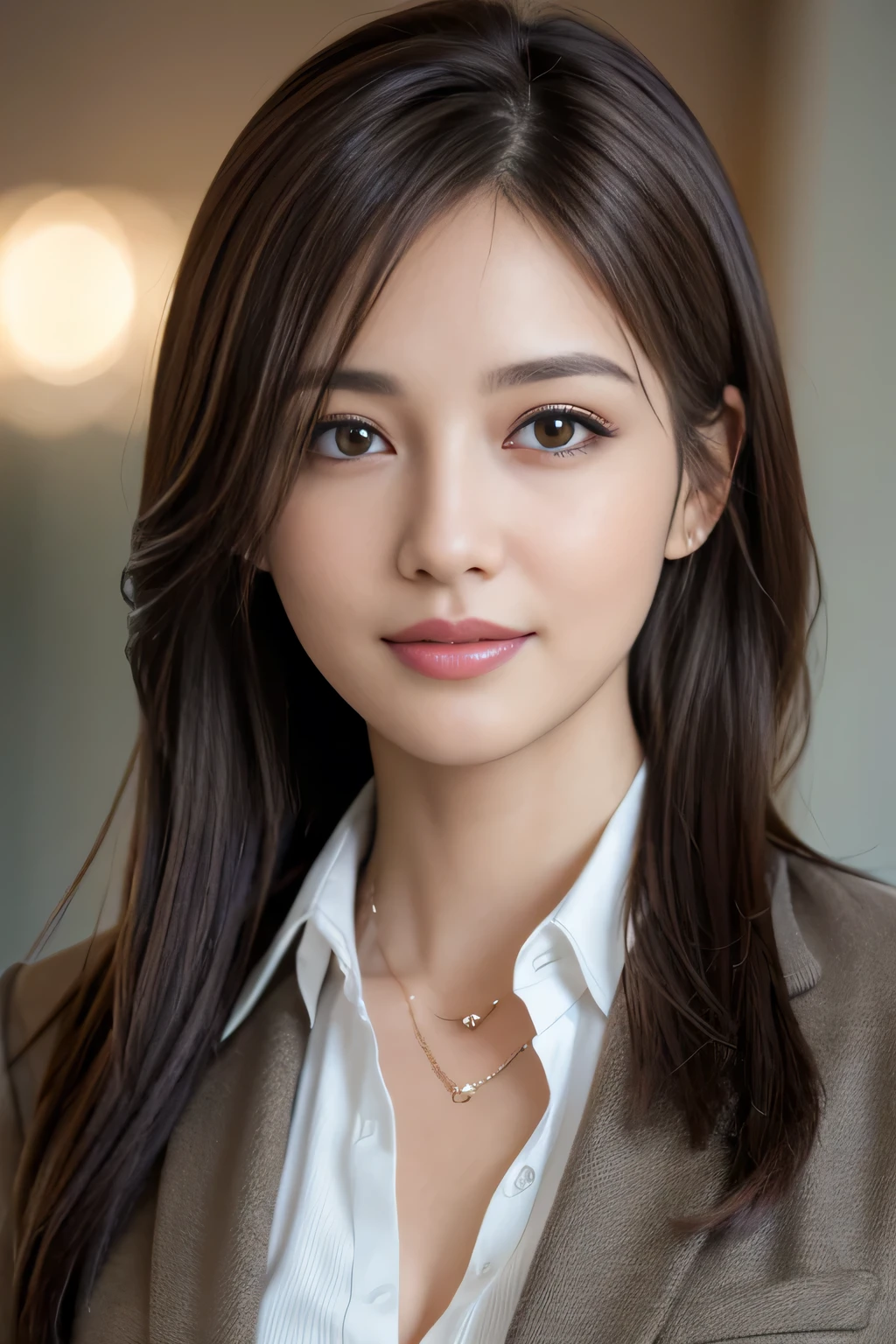 masutepiece, Best Quality, Photorealistic, Ultra-detailed, finely detail, High resolution, 8K Wallpaper, 1 beautiful woman,, light brown messy hair, in a business suit, foco nítido, Perfect dynamic composition, Beautiful detailed eyes, detailed hairs, Detailed realistic skin texture, Smiling, Close-up portrait, Model body type