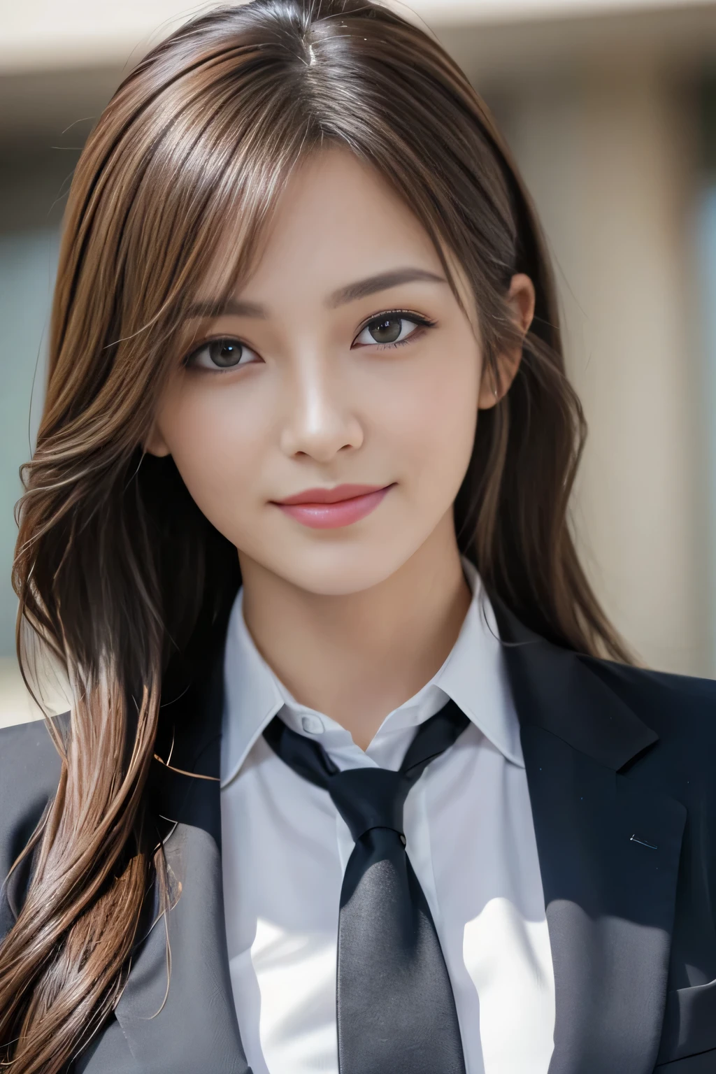 masutepiece, Best Quality, Photorealistic, Ultra-detailed, finely detail, High resolution, 8K Wallpaper, 1 beautiful woman,, light brown messy hair, in a business suit, foco nítido, Perfect dynamic composition, Beautiful detailed eyes, detailed hairs, Detailed realistic skin texture, Smiling, Close-up portrait, Model body type