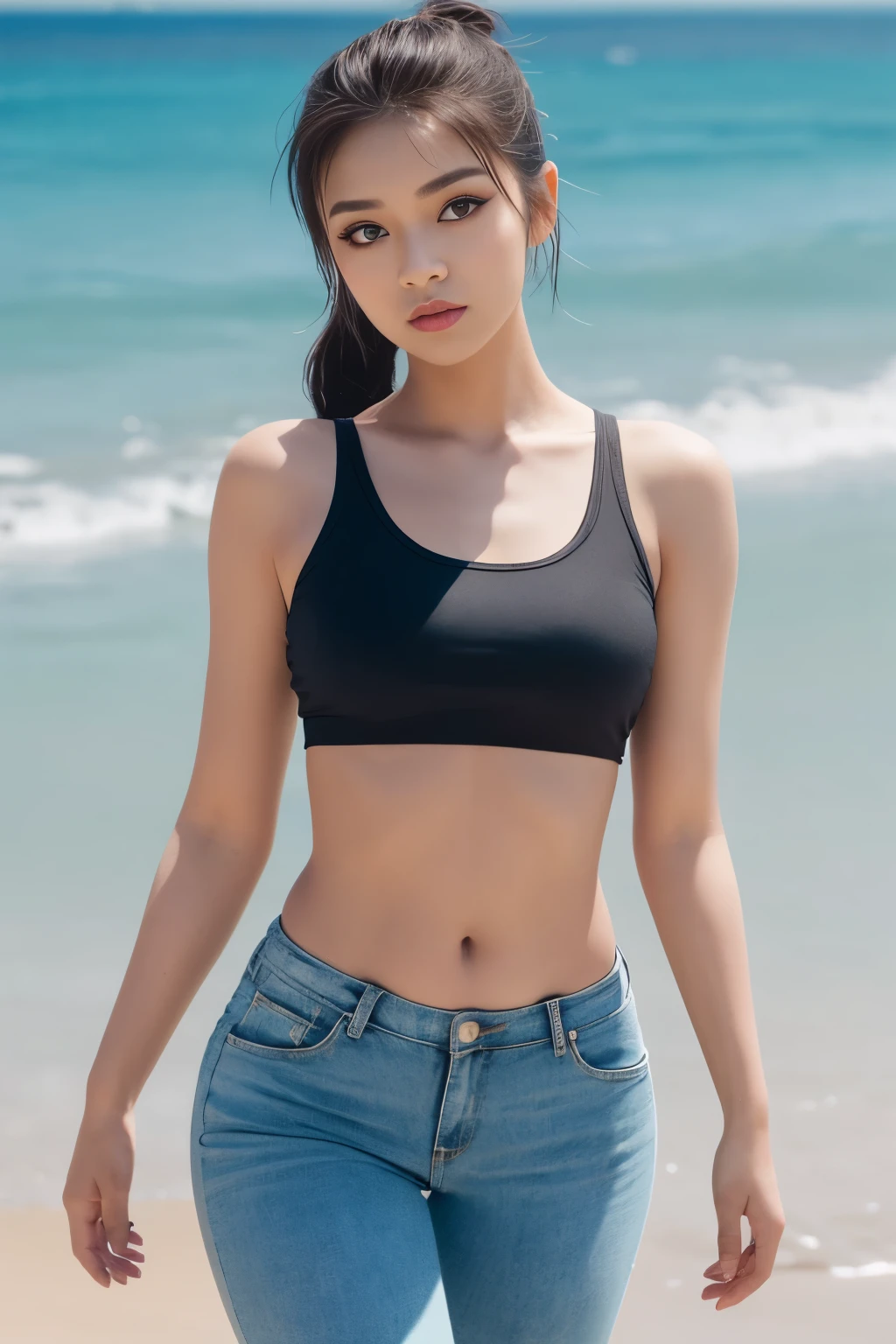 Asian woman in blue bikini top and jeans posing for photo, Gorgeous young Korean woman, wearing two - piece swimsuit, photo of slim girl model, 2 4 year old female model, Sling bikini, beautiful Korean women, gorgeous chinese models, Beautiful young Korean woman, Young skinny gravure idol, in a bathing suit, gorgeous bikini model, blue bikini