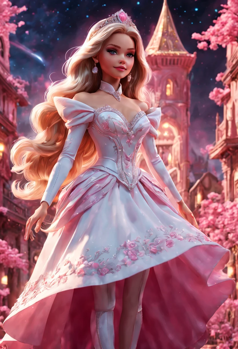 There is a beautiful girl "Katleen Turner", em um vestido de baile, anime barbie em branco, pink space, Princesa Anime, paisagem da princesa, princesa de cabelos loiros, sorriso gentil, Kushatt Krenz Key Art Mulheres, 3d stylized rendering, 3D rendering of 8k character art, arte digital detalhada bonito, Anime estilo 3D，master part, super detalhado, Epic composition, extremely high quality，Epic digital art of romantic fantasy，Epic fairytale fantasy digital art，Mythological fantasy，