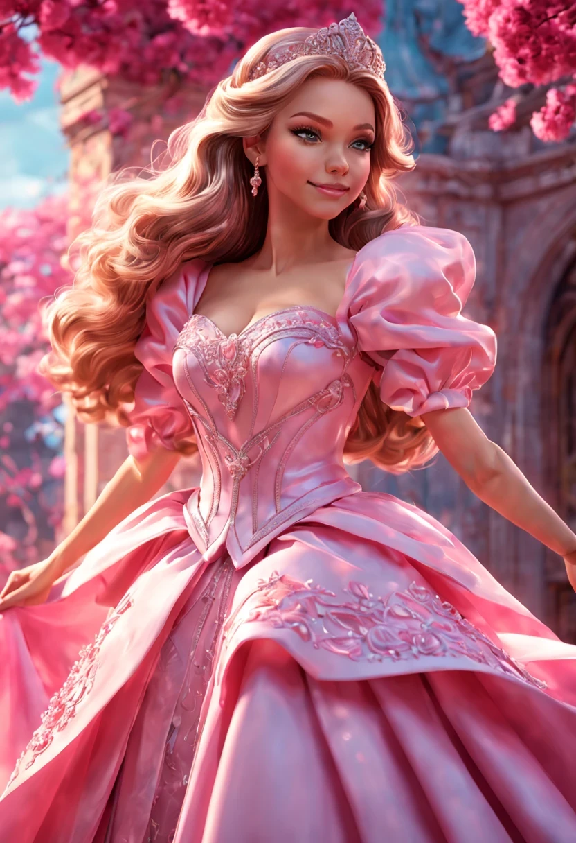 There is a beautiful girl "Katleen Turner", em um vestido de baile, anime barbie em branco, pink space, Princesa Anime, paisagem da princesa, princesa de cabelos loiros, sorriso gentil, Kushatt Krenz Key Art Mulheres, 3d stylized rendering, 3D rendering of 8k character art, arte digital detalhada bonito, Anime estilo 3D,master part, super detalhado, Epic composition, extremely high quality,Epic digital art of romantic fantasy,Epic fairytale fantasy digital art,Mythological fantasy,