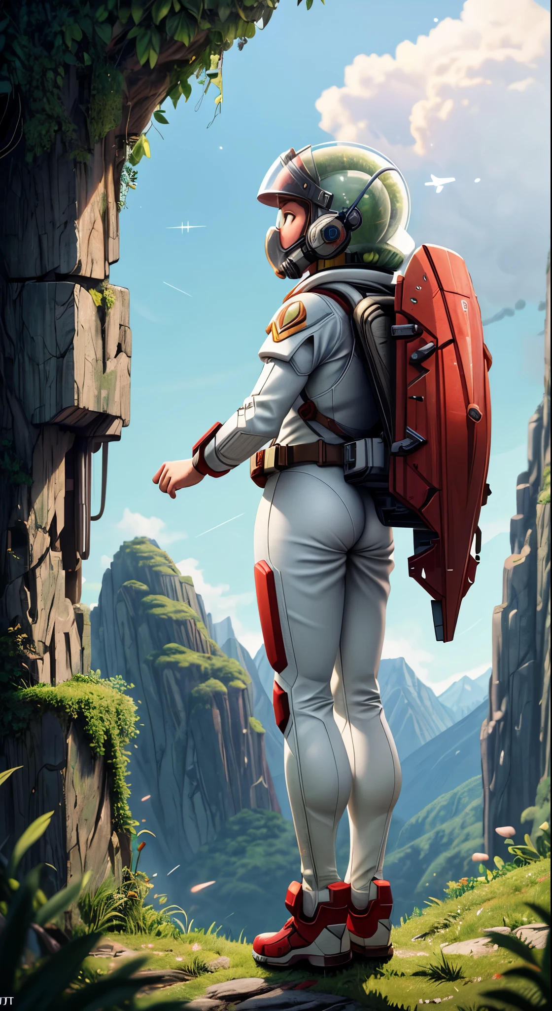 Highly detailed RAW color Photo, Rear Angle, Full Body, of (female space marine, wearing white and red space suit, futuristic helmet, tined face shield, rebreather, accentuated booty), outdoors, (leaning over rocky Edge, looking out at advanced alien structure), (on complex exotic alien planet:0.6), toned body, big butt, (sci-fi), (mountains:1.1), (lush green vegetation), (two moons in sky:0.8), (highly detailed, hyperdetailed, intricaens flare:0.7), (bloom:0.7), particle effects, raytracing, cinematic lighting, shallow depth of field, photographed on a Sony a9 II, 24mm wide angle lens, sharp focus, cinematic film still from Gravity 2013, viewed from behind