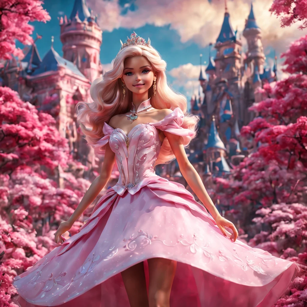 There is a beautiful girl "Margot Robie", em um vestido de baile, anime barbie em branco, pink space, Princesa Anime, paisagem da princesa, princesa de cabelos loiros, sorriso gentil, Kushatt Krenz Key Art Mulheres, 3d stylized rendering, 3D rendering of 8k character art, arte digital detalhada bonito, Anime estilo 3D,master part, super detalhado, Epic composition, extremely high quality,Epic digital art of romantic fantasy,Epic fairytale fantasy digital art,Mythological fantasy,