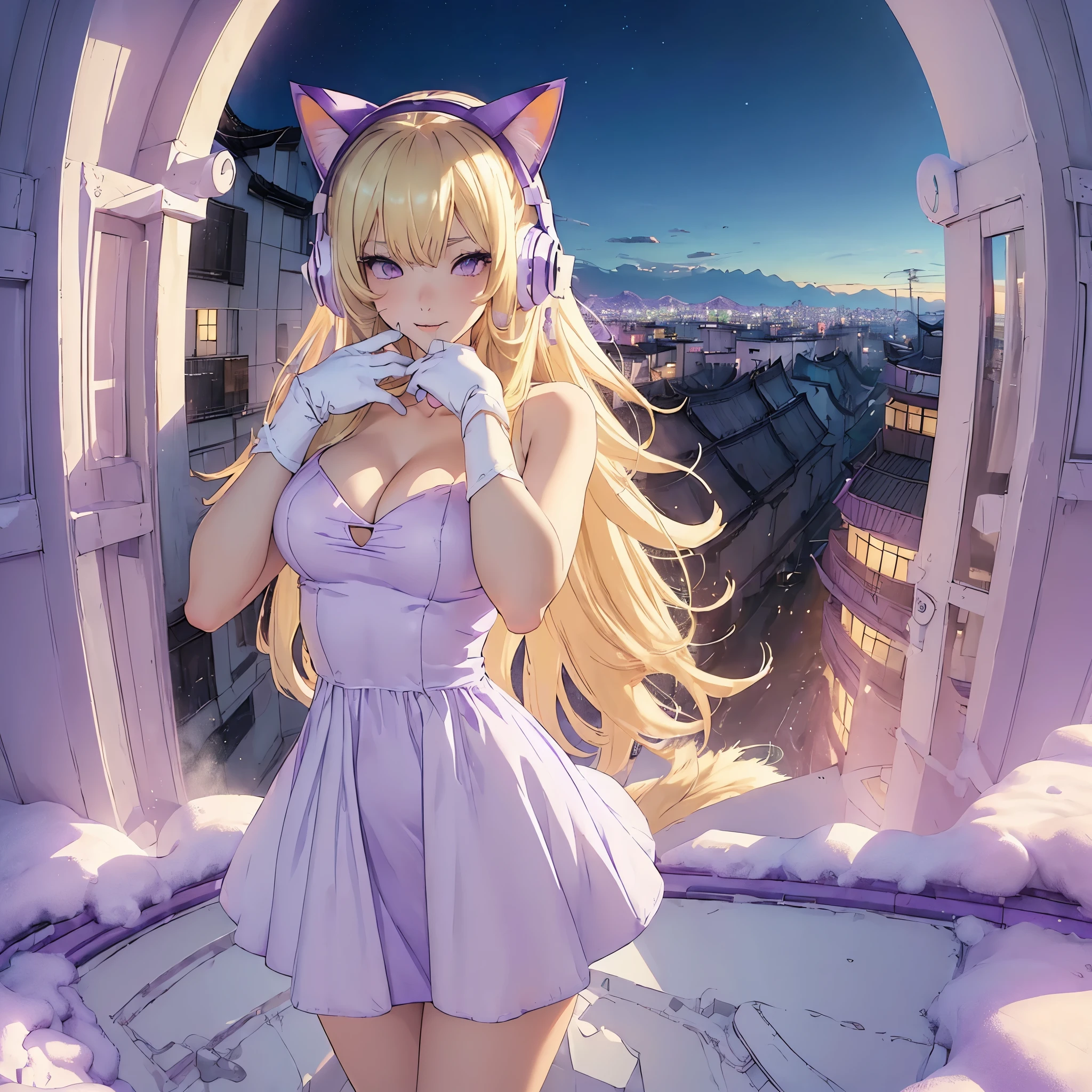 (((cat girl))), (((White Headphone))), (((Blonde))), (((Korean))), (((Tall))), (((Slender))), (((purple dress))), cleavage, (((Beautiful face))), winter, (((panoramic view))), (((anime))), (((pastel))), (((hide hands))) (((Hide Fingers)))