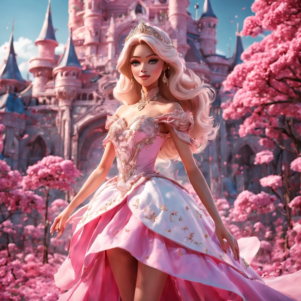 There is a beautiful girl "Margot Robie", em um vestido de baile, anime barbie em branco, pink space, Princesa Anime, paisagem da princesa, princesa de cabelos loiros, sorriso gentil, Kushatt Krenz Key Art Mulheres, 3d stylized rendering, 3D rendering of 8k character art, arte digital detalhada bonito, Anime estilo 3D，master part, super detalhado, Epic composition, extremely high quality，Epic digital art of romantic fantasy，Epic fairytale fantasy digital art，Mythological fantasy，