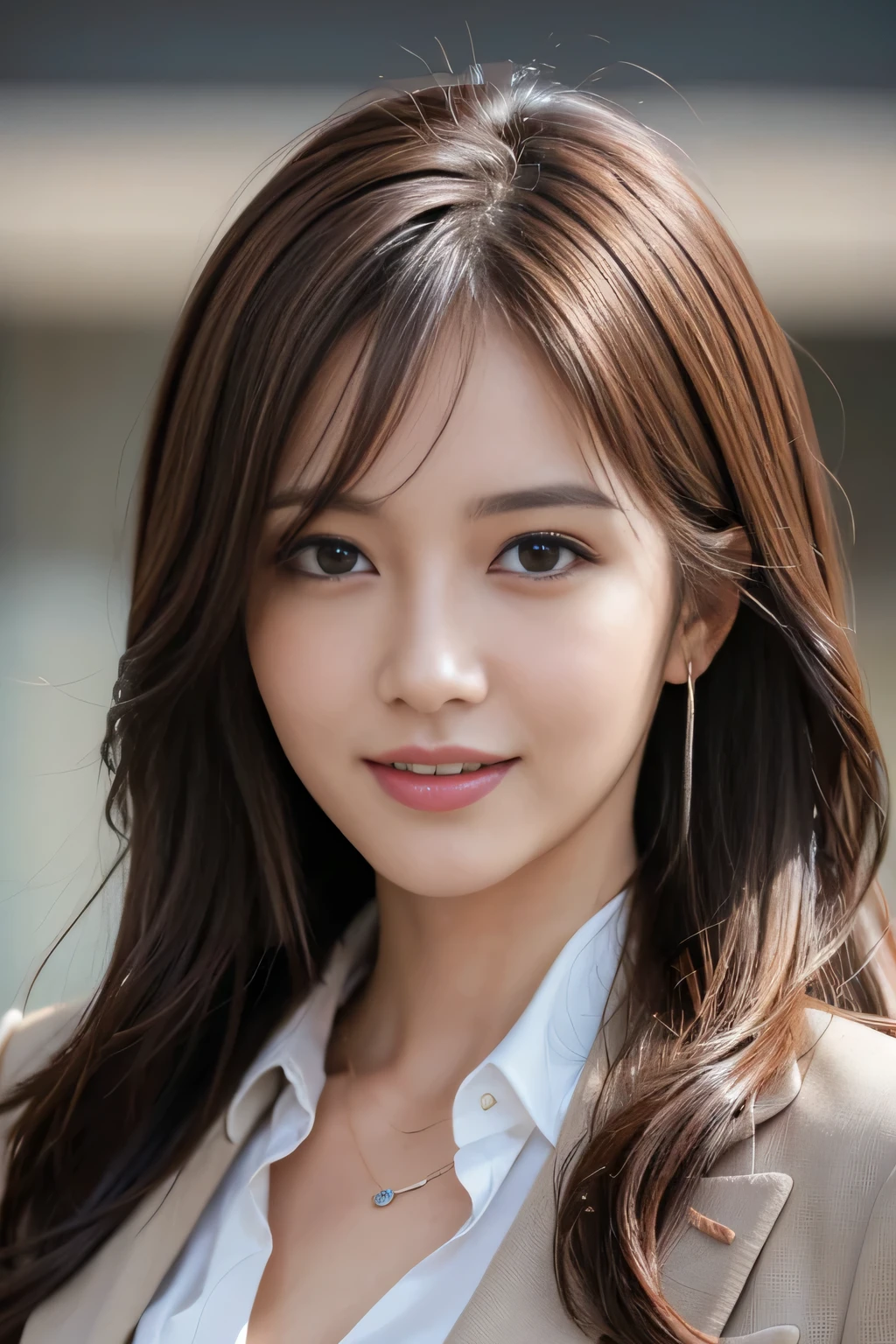 masutepiece, Best Quality, Photorealistic, Ultra-detailed, finely detail, High resolution, 8K Wallpaper, 1 beautiful woman,, light brown messy hair, in a business suit, foco nítido, Perfect dynamic composition, Beautiful detailed eyes, detailed hairs, Detailed realistic skin texture, Smiling, Close-up portrait, Model body type