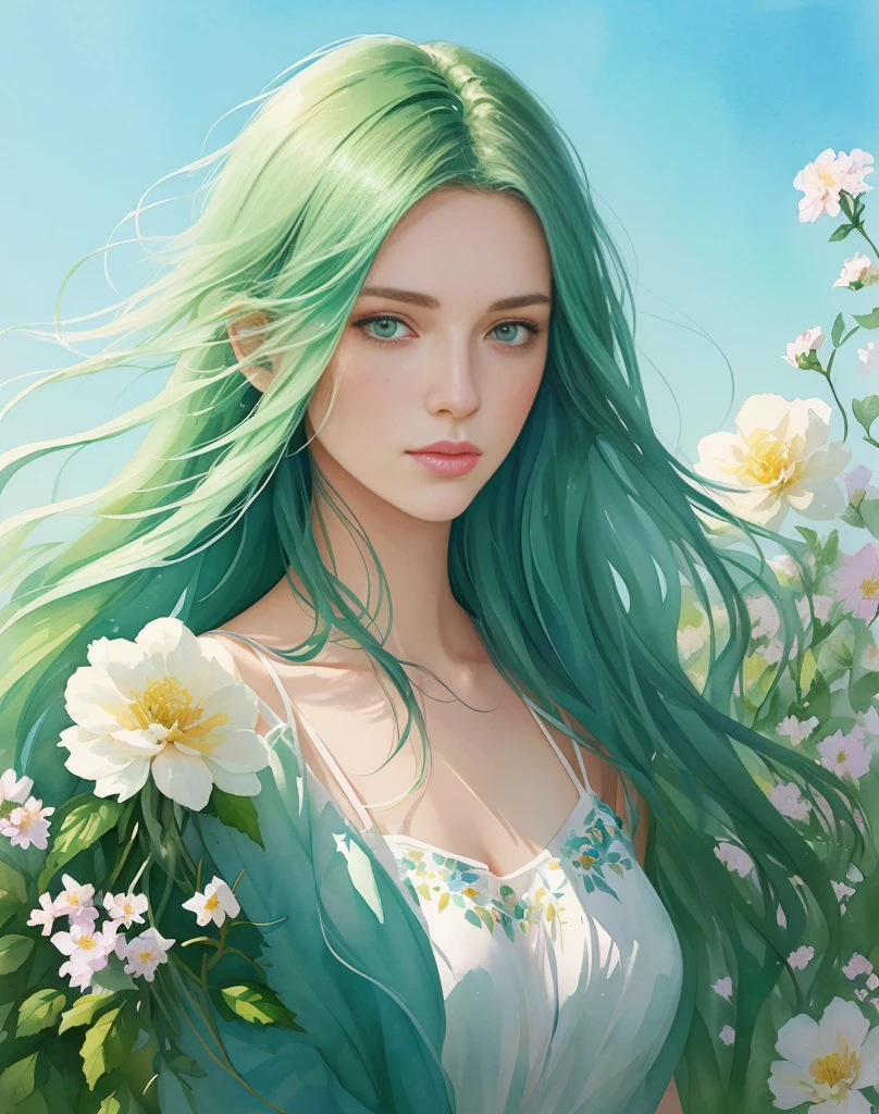 Watercolor painting of green eyed young French woman with flower hair and green background, long eyeslashes, Wind-blown hair, painterly watercolor painting, (vibrant colours), High Detail, woman in flowers, Expressive digital watercolor painting, Sergio Burji(Sergio Burzi), Pascal Campion(Pascale Campion)Works inspired by, Woman watercolor portrait with flowers, in door: Zofia Stryjenska, Keren Katz, James Jean and Petra Courtwright, digital art watercolor painting, In watercolor digital painting style