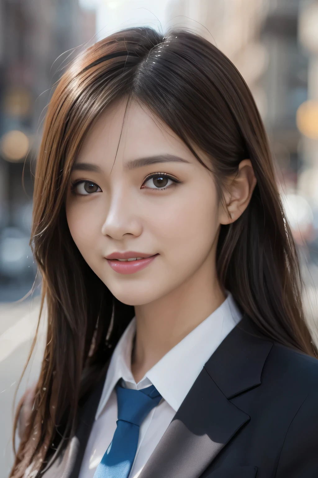masutepiece, Best Quality, Photorealistic, Ultra-detailed, finely detail, High resolution, 8K Wallpaper, 1 beautiful woman,, light brown messy hair, in a business suit, foco nítido, Perfect dynamic composition, Beautiful detailed eyes, detailed hairs, Detailed realistic skin texture, Smiling, Close-up portrait, Model body type