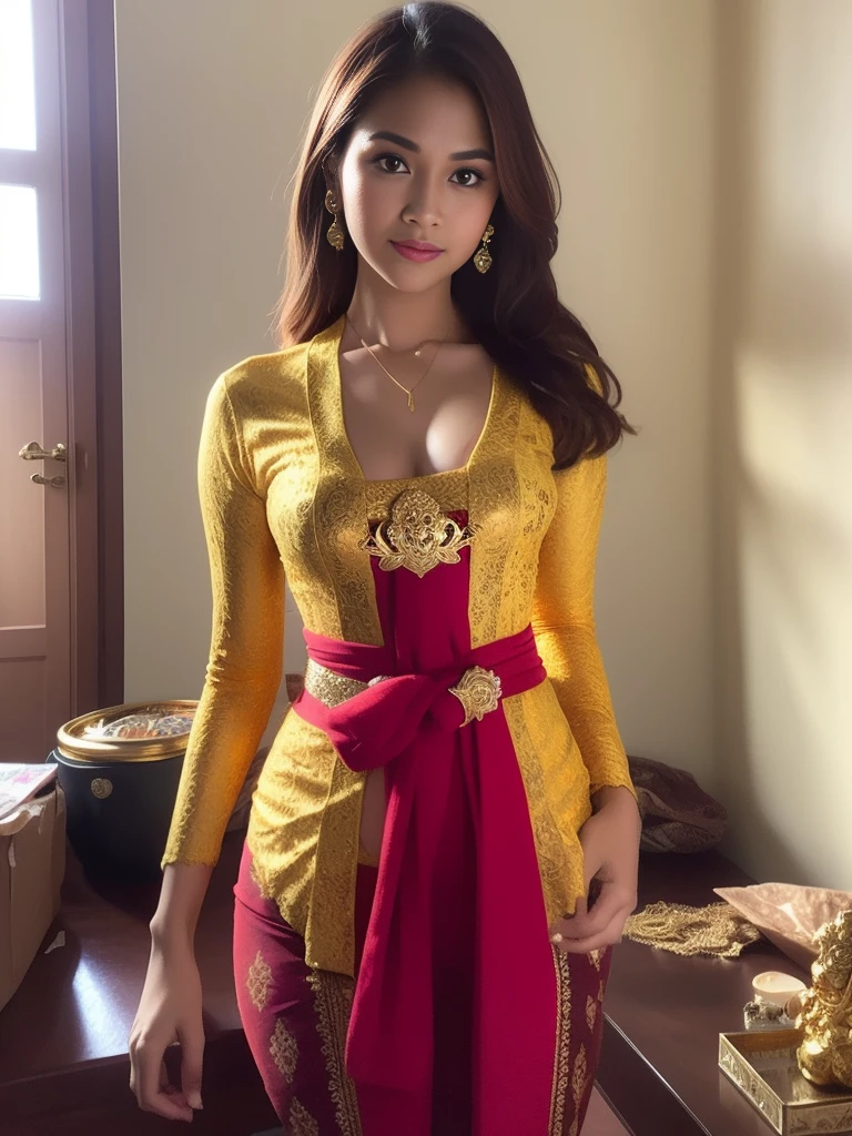 8k portrait of beautiful cyborg with brown hair, intricate, elegant, highly detailed, majestic, digital photography, art by artgerm and ruan jia and greg rutkowski surreal painting gold, broken glass, (masterpiece, sidelighting, finely detailed beautiful eyes: 1.2), hdr, kebaya_bali, red_kebaya_bali