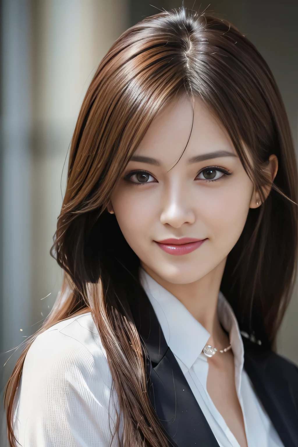 masutepiece, Best Quality, Photorealistic, Ultra-detailed, finely detail, High resolution, 8K Wallpaper, 1 beautiful woman,, light brown messy hair, in a business suit, foco nítido, Perfect dynamic composition, Beautiful detailed eyes, detailed hairs, Detailed realistic skin texture, Smiling, Close-up portrait, Model body type