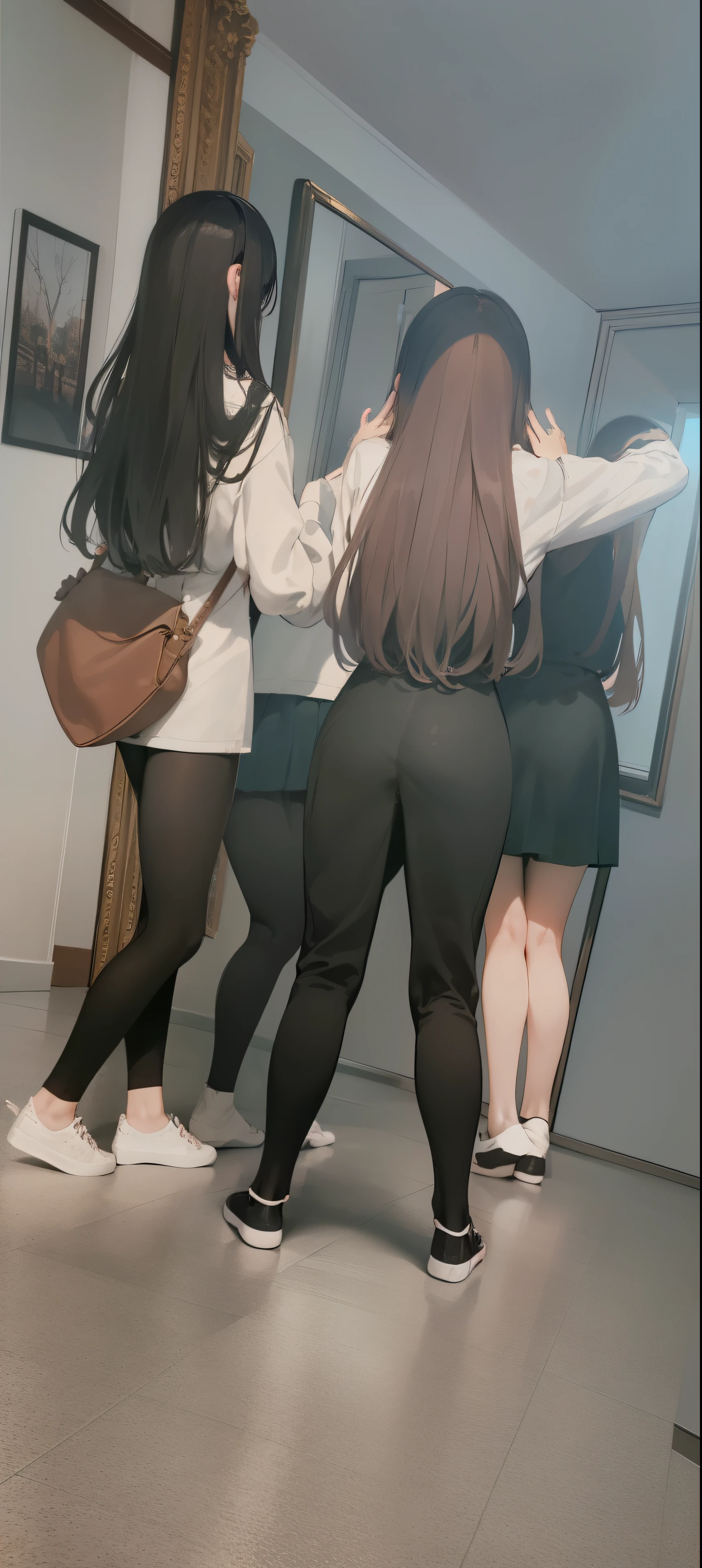 several girls stand in the corridor with their backs to the camera, 3 sisters looking in the mirror, very very low quality picture, Cute girls, In the queue, very accurate photo, low quality photo, a painting, Young, posing for a painting, 🤬 🤮 💕 🎀, private moment, Random Pose, beautiful girls, blurry, Cursed Photography, candid