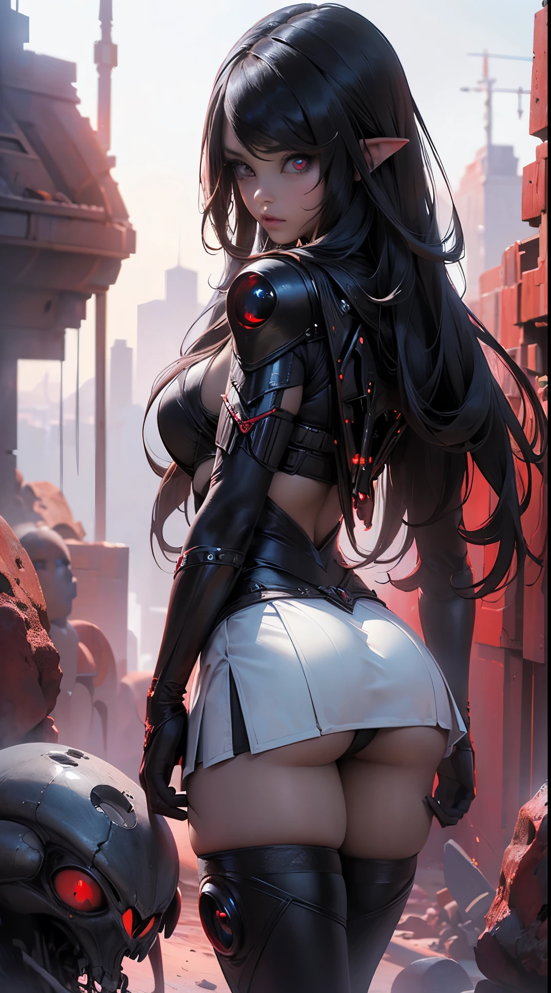 (La mejor calidad,A high resolution,Ultra - detallado,actual) ,primer plano Ariana Grande con miniskirt de cuero rojo, top rojo, cabello largo white canoso, (alien invasion background extraterrestrial ships:1.4), (hermosos ojos azuleondo piedras grandes negro:1.4) , (pose vaquero ), (realistic) ,Arte detallado de alta calidad 8K, Fanart Mejor ArtStation, Fantasy art style , (ciborg white red:1.4), (ciudad apocalyptic colors ciberpunk:1.4),cyberpunked white, (mostrando panties) ,pantimedias muslos,