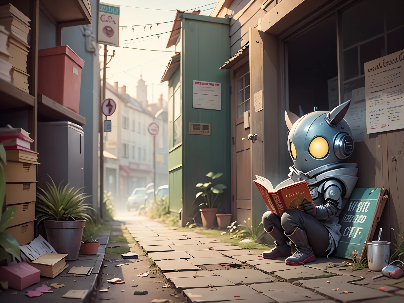 ROBOT READING A BOOK, in the middle of a dirty dump, mal iluminado, seus olhos brilham, chovendo, de noite, perspectiva distanciada, estilo cartoon ghibli. --auto --s2