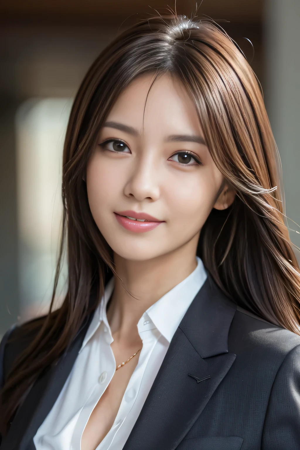 masutepiece, Best Quality, Photorealistic, Ultra-detailed, finely detail, High resolution, 8K Wallpaper, 1 beautiful woman,, light brown messy hair, in a business suit, foco nítido, Perfect dynamic composition, Beautiful detailed eyes, detailed hairs, Detailed realistic skin texture, Smiling, Close-up portrait, Model body type