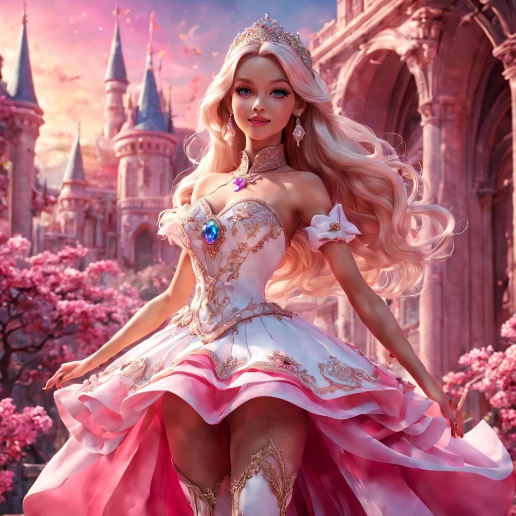 There is a beautiful girl "Margot Robie", em um vestido de baile, anime barbie em branco, pink space, Princesa Anime, paisagem da princesa, princesa de cabelos loiros, sorriso gentil, Kushatt Krenz Key Art Mulheres, 3d stylized rendering, 3D rendering of 8k character art, arte digital detalhada bonito, Anime estilo 3D,master part, super detalhado, Epic composition, extremely high quality,Epic digital art of romantic fantasy,Epic fairytale fantasy digital art,Mythological fantasy,