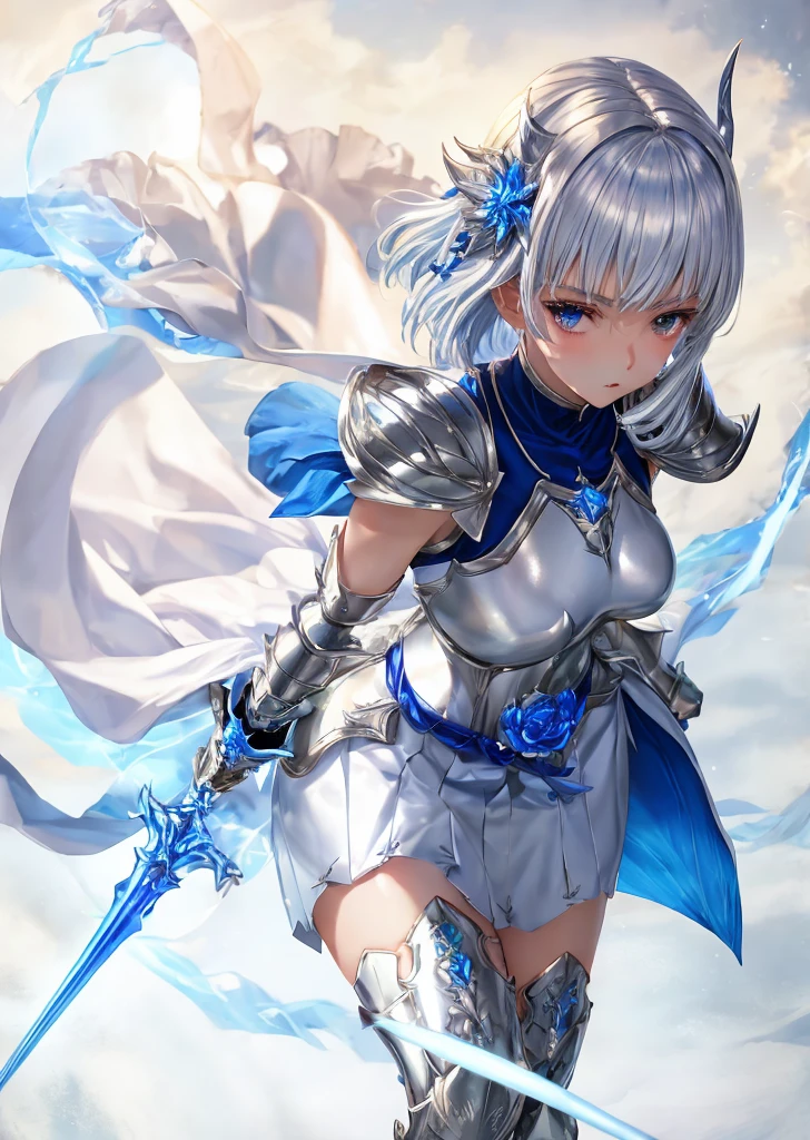 wearing a blue aura、silver knights、Wearing white armor、With a big spear、Short hairstyle、Devil background、gazing at viewer、Wearing silvery-white armor、Best image、masutepiece、Beautiful woman、Gorgeous hairstyle、Holding a large spear、Wearing a red aura、