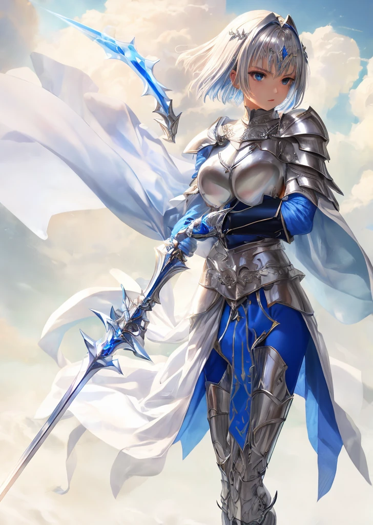wearing a blue aura、silver knights、Wearing white armor、With a big spear、Short hairstyle、Devil background、gazing at viewer、Wearing silvery-white armor、Best image、masutepiece、Beautiful woman、Gorgeous hairstyle、Holding a large spear、Wearing a red aura、