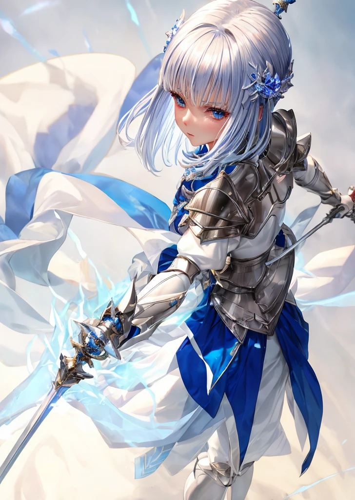 wearing a blue aura、silver knights、Wearing white armor、With a big spear、Short hairstyle、Devil background、gazing at viewer、Wearing silvery-white armor、Best image、masutepiece、Beautiful woman、Gorgeous hairstyle、Holding a large spear、Wearing a red aura、