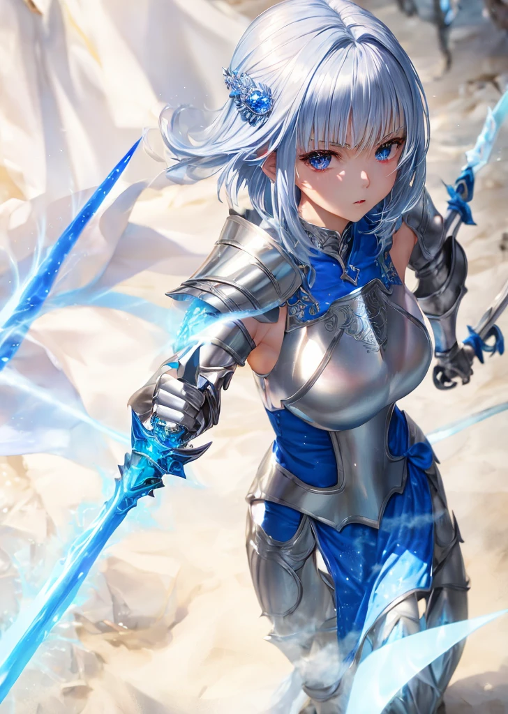 (Blue sky with lots of scaly clouds),(Armored suit that reflects light and shines in rainbow colors:1.3),(Gigant Arm:1.35),(A brace that stores a rugged weapon in the leg.:1.4),(Composition that reflects the whole body:1.5),(Petals dancing like the wind blows up:1.4),(Dancing gracefully on the water surface:1.3),(beautiful armored suit:1.35),(beautiful hair waving in the wind:1.3),(blonde:1.3),(Transparent clear blue eyes:1.4),(high resolution:1.5),(Stars, flowers, blue sky and space:1.4),(fantastic world:1.4),(Rugged armor like a mobile suit:1.4),(beautiful decorated sword:1.4),(machine legs:1.35),(Drive coil at joint part:1.4),(perspective from above:1.3)