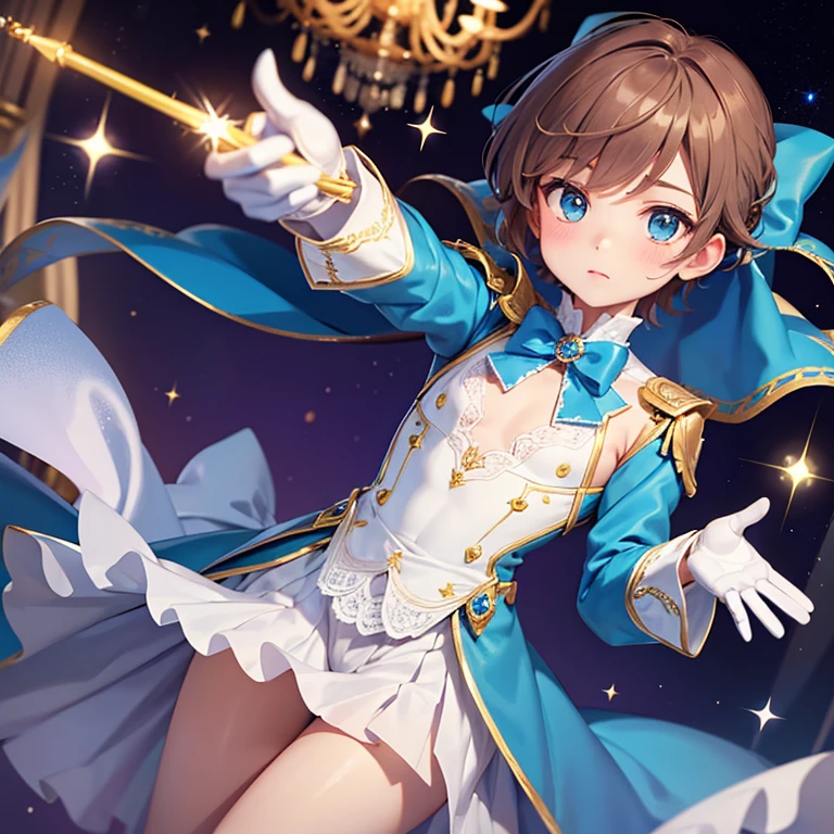 Feminine boy, male, flat chest, royal aesthetic, prince, blue clothes, white jewels, short light brown hair, magical wand, sparkles, kawaii decor, Magical boy, fully clothed, beautiful lace, bows, gloves, this thighs, Mary Jane’s