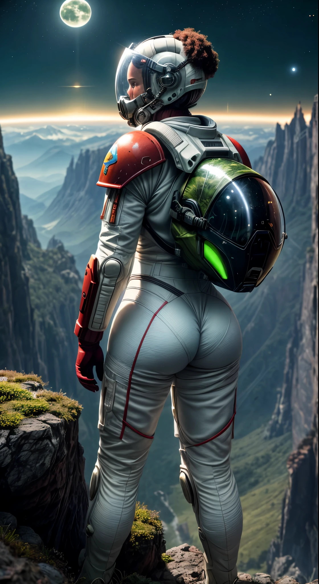 (35mmstyle:1.2), Highly detailed RAW color Photo, Rear Angle, Full Body, of (female space marine, wearing white and red space suit, futuristic helmet, tined face shield, rebreather, accentuated booty), outdoors, (standing on Precipice of tall rocky mountain, looking out at magical lush green rain forest on alien planet), vivid detail, (exotic alien planet), toned body, big butt, (sci-fi), (mountains:1.1), (lush green vegetation), (two moons in sky:0.8), (highly detailed, hyperdetailed, intricate), (lens flare:0.7), (bloom:0.7), particle effects, raytracing, cinematic lighting, shallow depth of field, photographed on a Sony a9 II, 35mm wide angle lens, sharp focus, cinematic film still from Gravity 2013, viewed from behind, dynamic angle