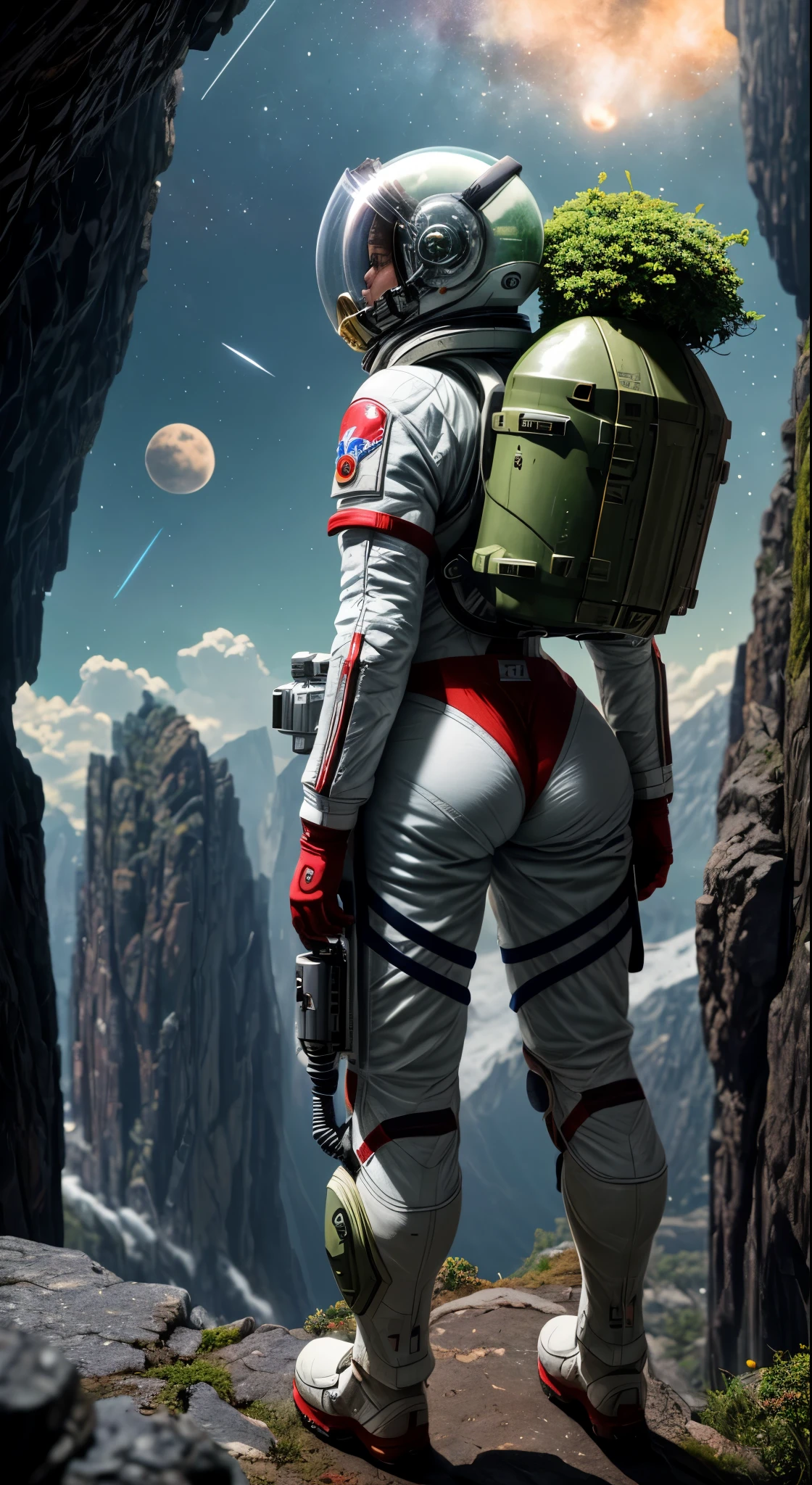 Highly detailed RAW color Photo, Rear Angle, Full Body, of (female space marine, wearing white and red space suit, futuristic helmet, tined face shield, rebreather, accentuated booty), outdoors, (leaning over rocky Edge, looking out at advanced alien structure), (on complex exotic alien planet:0.6), toned body, big butt, (sci-fi), (mountains:1.1), (lush green vegetation), (two moons in sky:0.8), (highly detailed, hyperdetailed, intricate), (lens flare:0.7), (bloom:0.7), particle effects, raytracing, cinematic lighting, shallow depth of field, photographed on a Sony a9 II, 24mm wide angle lens, sharp focus, cinematic film still from Gravity 2013, viewed from behind