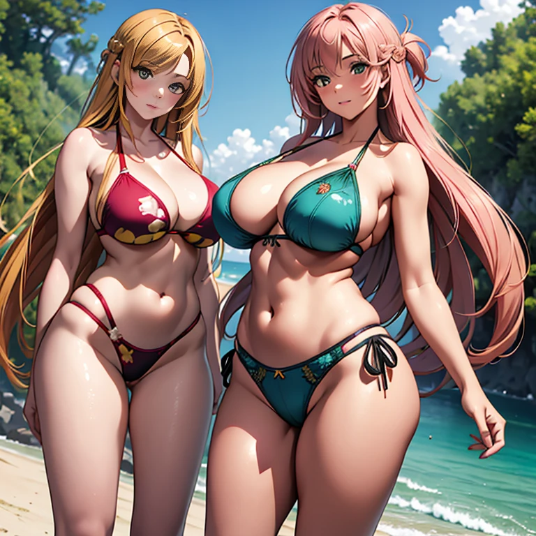 Four 20-year-old beauties,(star-shaped bule pupils,+_+,pupils in symbol shapes,sparkle eyes)),(Enrich the picture,Masterpiece level quality),Exquisite 8KCG artwork,Four goddess-like figures,Stand in the beach water,Postural exercises,Slim and soft,Translucent skin,The skin is fair and juicy,Oversized breasted green bikini miniskirt uniform,Perspective Part 1.2x enhanced silhouette effect,Exquisite transparent blues pattern in pajamas,The details are intricate and exquisite,The background is slightly blurred,Charming and lustful leg seduction,Drool,Extra-large big breasts,Blush,Perfect body slim curves,Beach grounds,The four goddesses stood together,Greenish-yellow hair,Pink hair,Violet blue hair,Near-full-body photo,