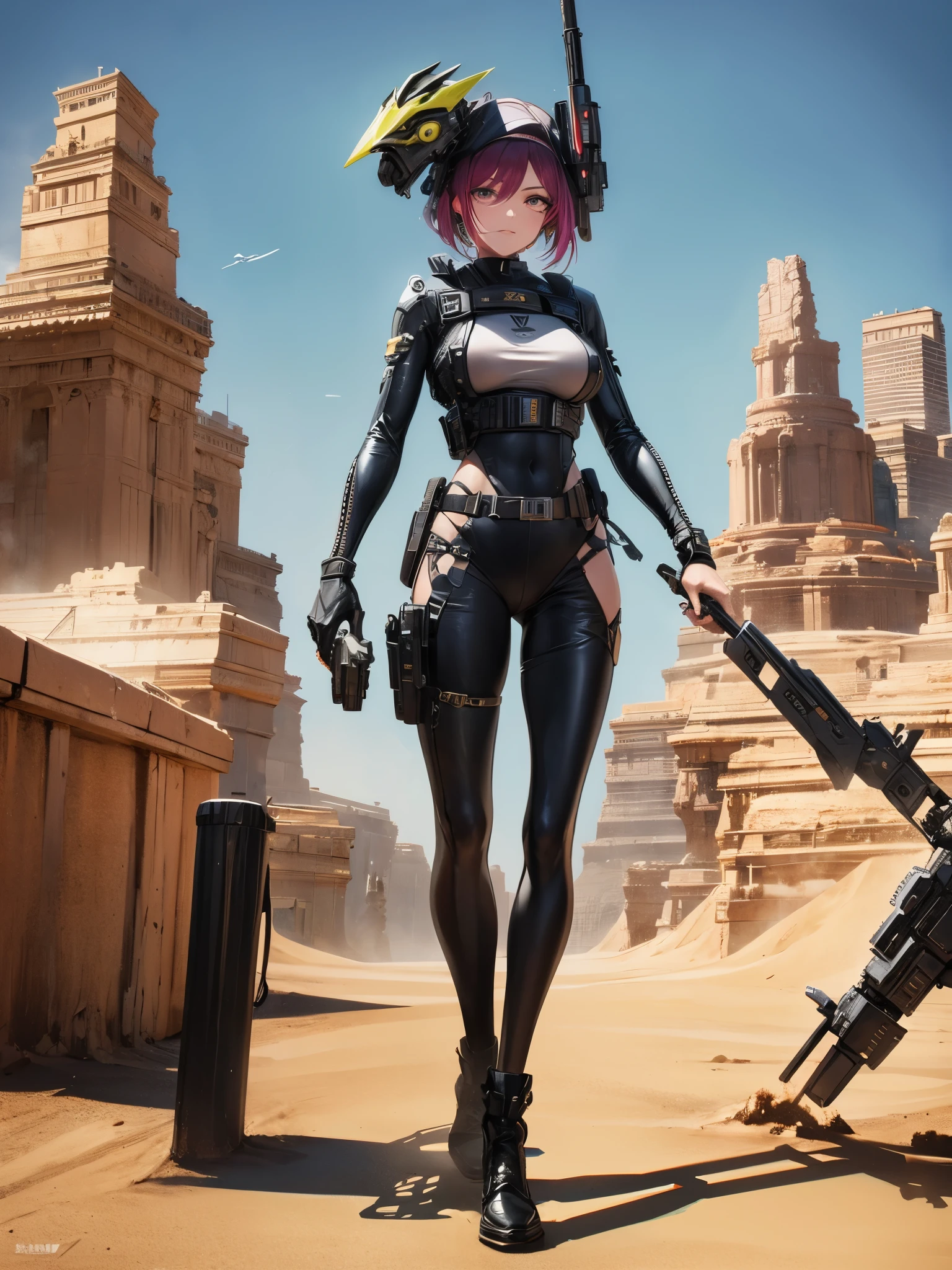 A charismatic woman [artilheiro: bounty hunter: 0.4] In the middle of a sci-fi desert (estilo cubo: 1) corpo inteiro, WMASK