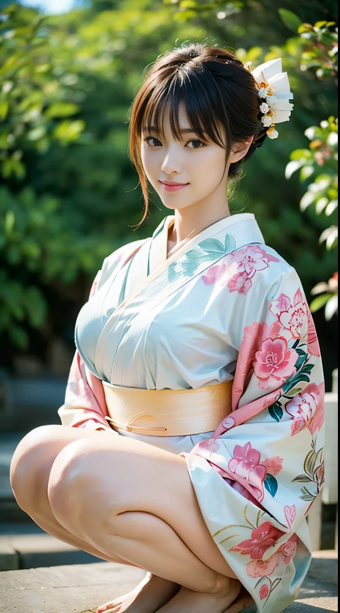 (((A beautiful woman wearing a long-sleeved kimono and visiting a shrine))),(((A gravure idol who looks good in Japanese clothes is squatting))),(((masutepiece:1.6))),(((ulzzang-6500))),(((perfect anatomia:1.6))),(((Deep depth of field with Hasselblad))),(((Sexy waist))),masterpiece,top-quality,超A high resolution,High detailed portrait,(photographrealistic:1.4),(((High nose and chiseled beautiful face))),(((Long limbs like a model))),The fair-skinned nape of the neck is dazzling,(((She is wearing beautiful formal Japanese clothing that shows off her body lines.))),Raise your chin and look up at the sky,((Full-body shooting from the front)),Cute 20 years old, Her long, lustrous chestnut hair flutters in the wind.,((Proud F cup beautiful breasts )),(I can't get enough of my waistline),(Famous popular actresses of Japan),(Tuck your chin, raise the corners of your mouth and eyebrows, and smile),A detailed eye,((Gravure photoshoot at a shrine with an elegant atmosphere full of trees)),((Gaze staring at the sky,long lashes,big eye,Distinct double eyelids,((shiny thick lips)),(((perfect anatomia:1.4))),
