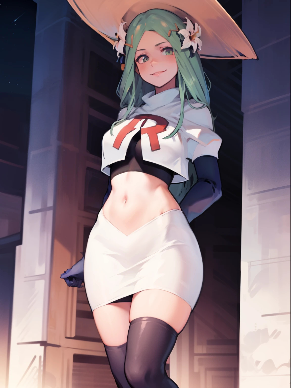 defRhea, headdress, hair flower, team rocket uniform, red letter R, white skirt,white crop top,black thigh-high boots, black elbow gloves, evil smile, looking at viewer, cowboy shot, night sky background
