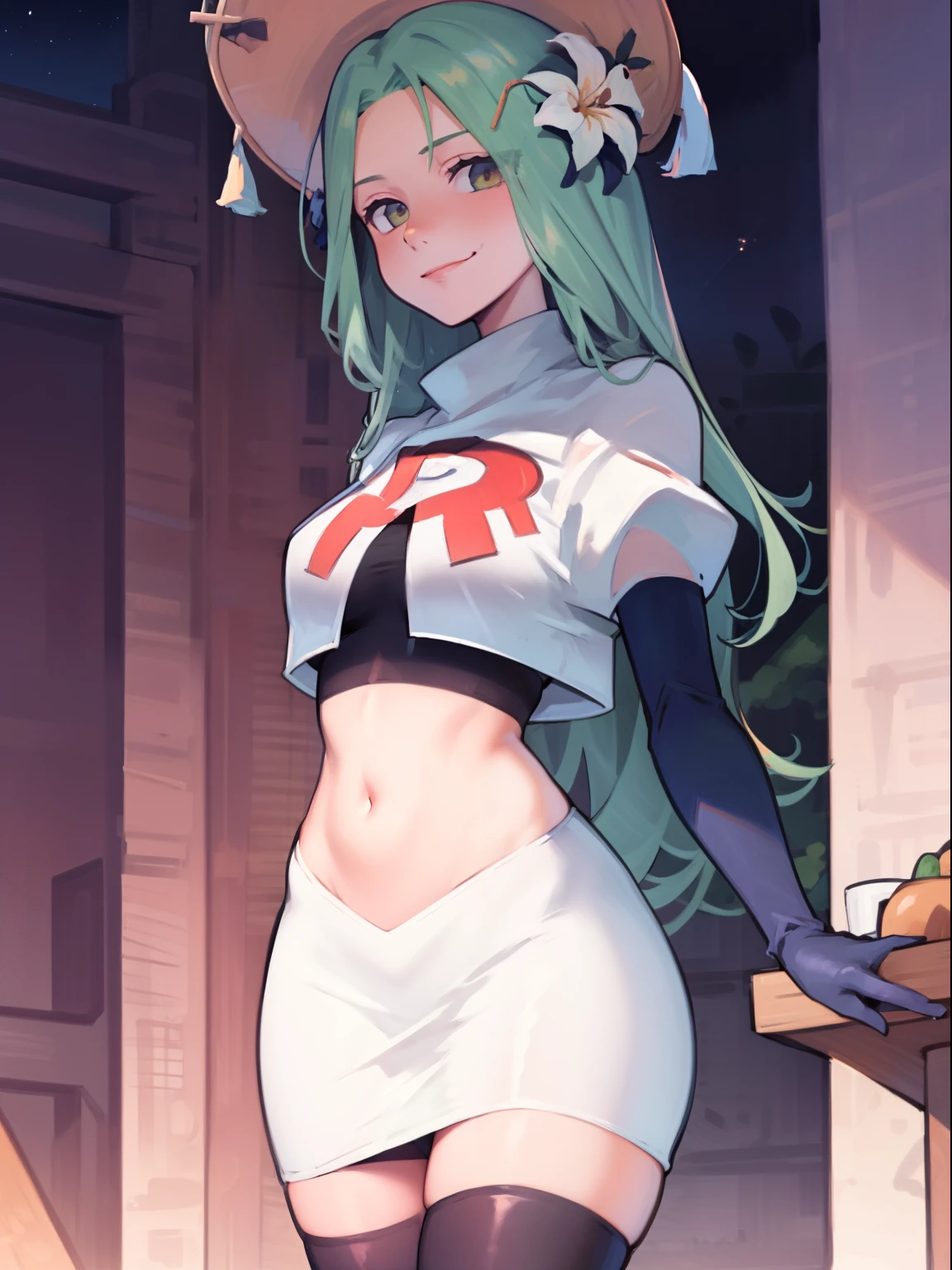 defRhea, headdress, hair flower, team rocket uniform, red letter R, white skirt,white crop top,black thigh-high boots, black elbow gloves, evil smile, looking at viewer, cowboy shot, night sky background