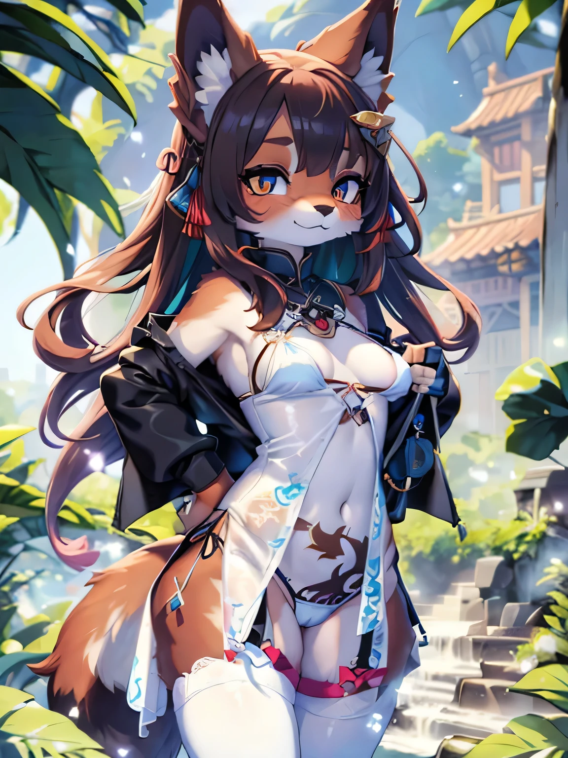 girl in a string bikini with a fox tail, female furry mini cute style, holo is a wolf girl, dress, furry brown body!!, holo if a wolf girl!!!, furry, fox tail, swimsuit, furry art!!!, small curvy , Camel toe is very obvious, The nipple contour is pronounced, small breast, fishnet stockings wrap the thighs, absurdly long hair, erotic, Sci-fi, (small breast), beautiful clothes , Lace, lace trims, lace clothing, lace clothing thick thighs!!, china dress