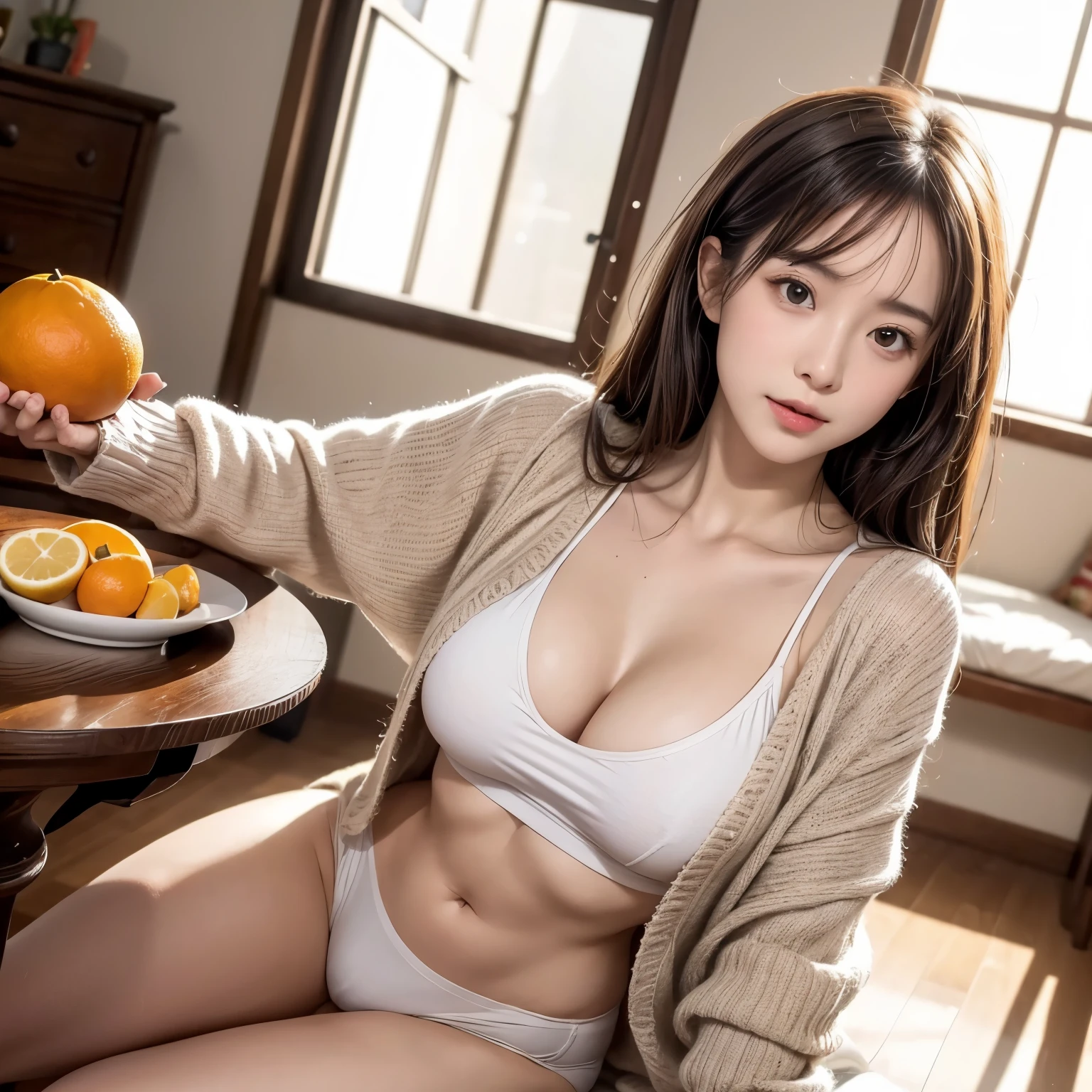 (8k,masterpiece, RAW photo,best quality:1.4),(photo realistic:1.2),(extremely detailed face),(shiny skin),(detailed skin),(detailed face),(extremely beautiful face),cute face,1girl, young woman, looking at viewer,Japanese idle(actress), brown hair,medium hair,straight hair,asymmetrical bangs,glamor,large breasts, cardigan over underwear,warm room with heat,table and chairs,sitting on chairs,oranges on the table,high position,uplight